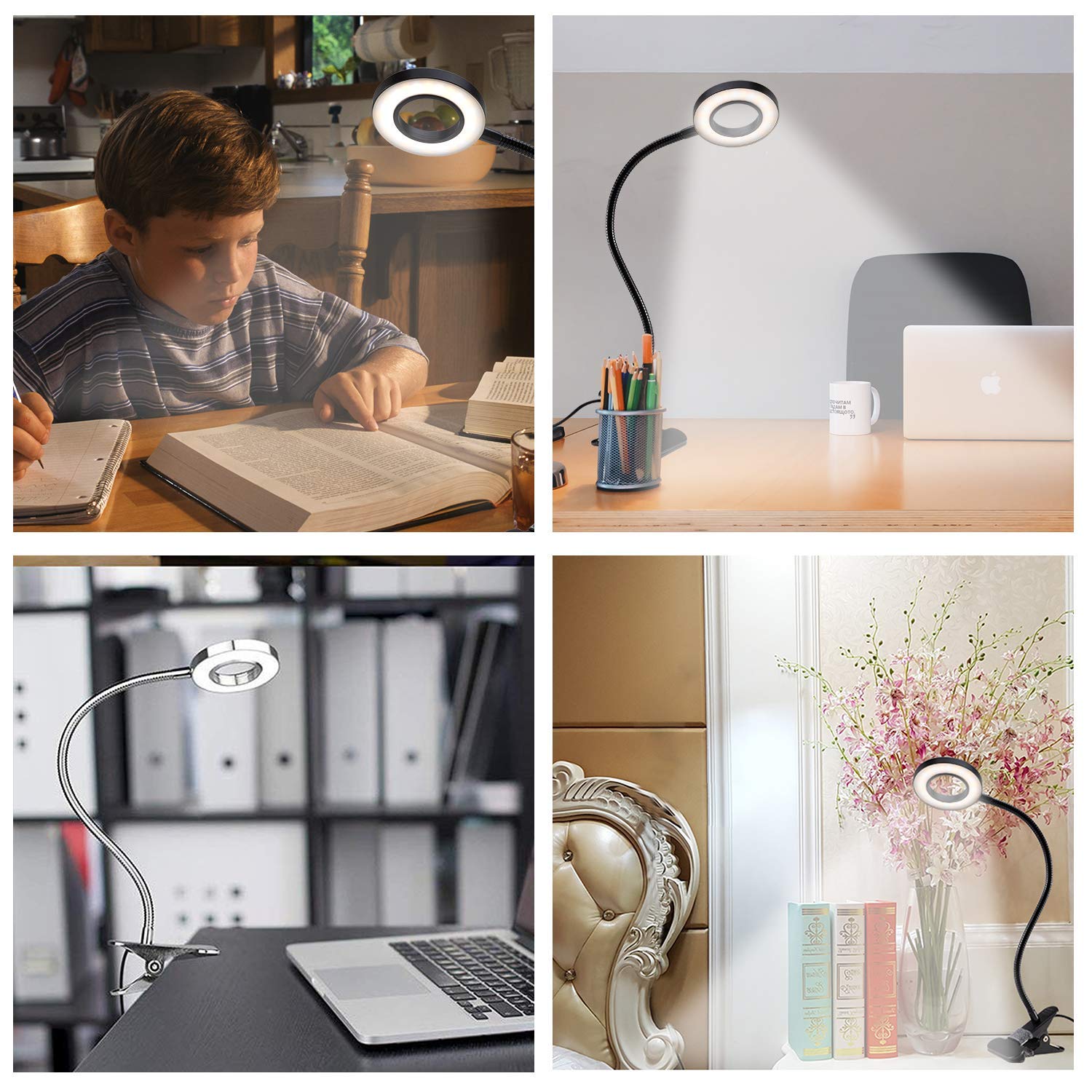 Qqappu Clip Light - 48 Led Clamp-On Desk Lamp, 3 Color Modes, 10 Brightness Levels, Flexible Gooseneck, Black