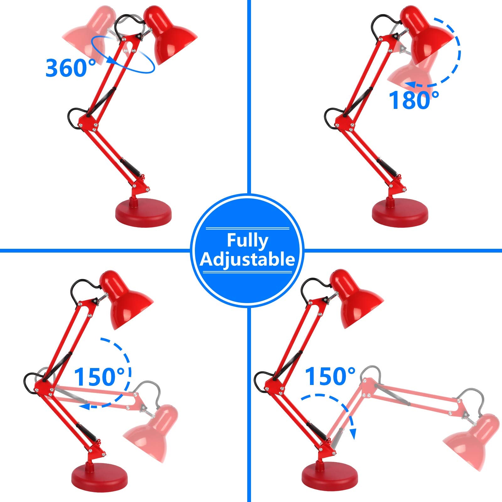 AmeriTop Adjustable Metal Desk Lamp - Goose Neck Swing Arm, Eye-Caring with Interchangeable Base or Clamp, Red