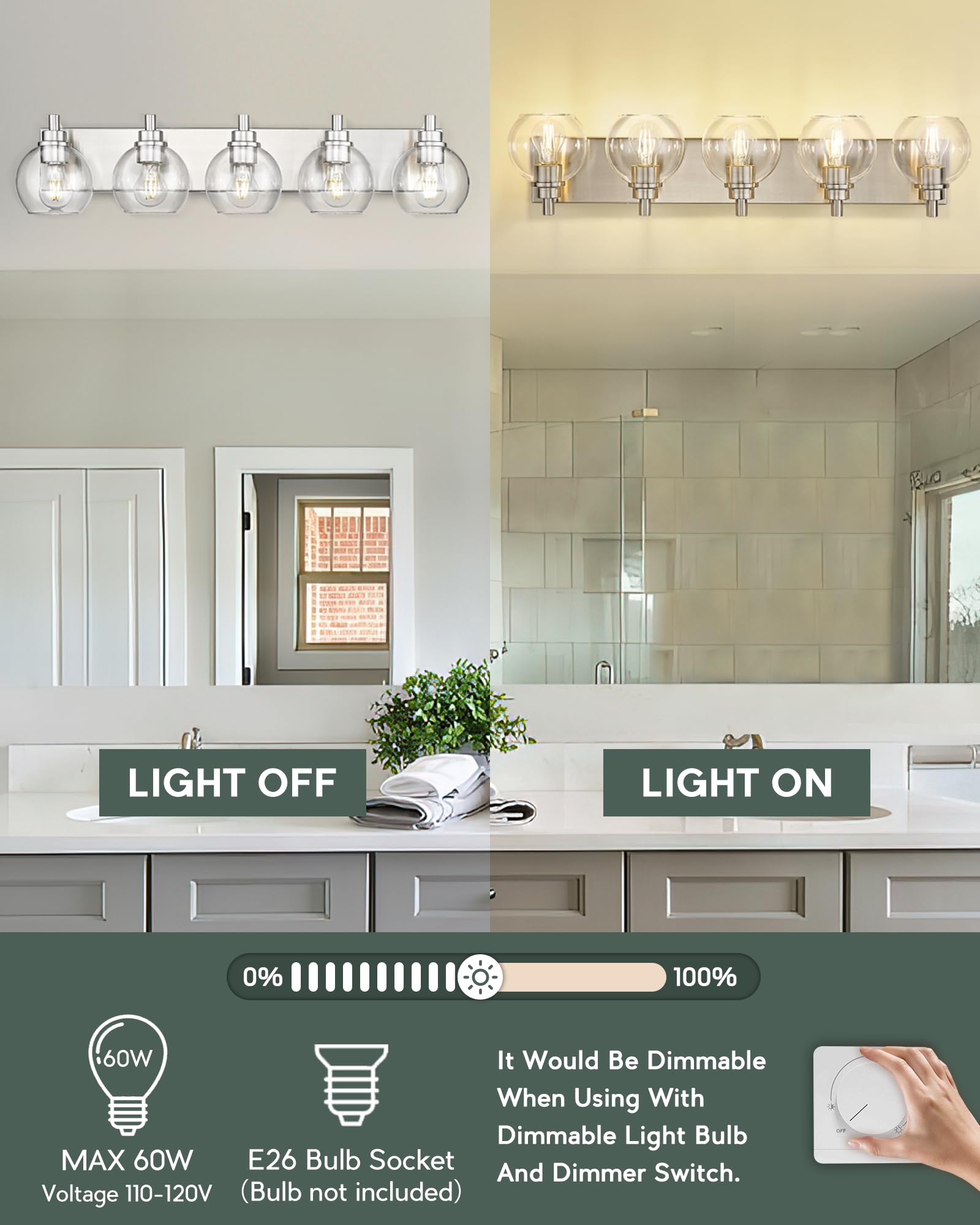 Metwet Bathroom Light Fixtures  5 Light Brushed Nickel Vanity Light  32 Inch Modern Wall Sconces With Globe Clear Glass Shade  Vanity Lighting Fixtures Over Mirror  Vl195-Bn-Cl-5
