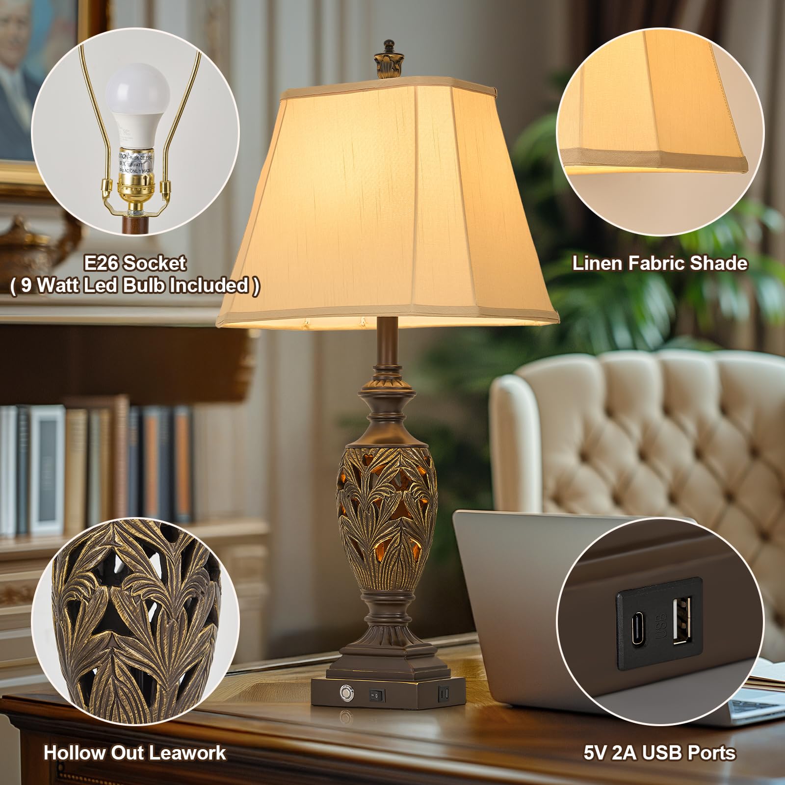 29.5''H Touch Traditional Table Lamp Set Of 2,Vintage Bedside Nightstand Lamps With Dual Usb And Night Light, 3-Color Hollow Out