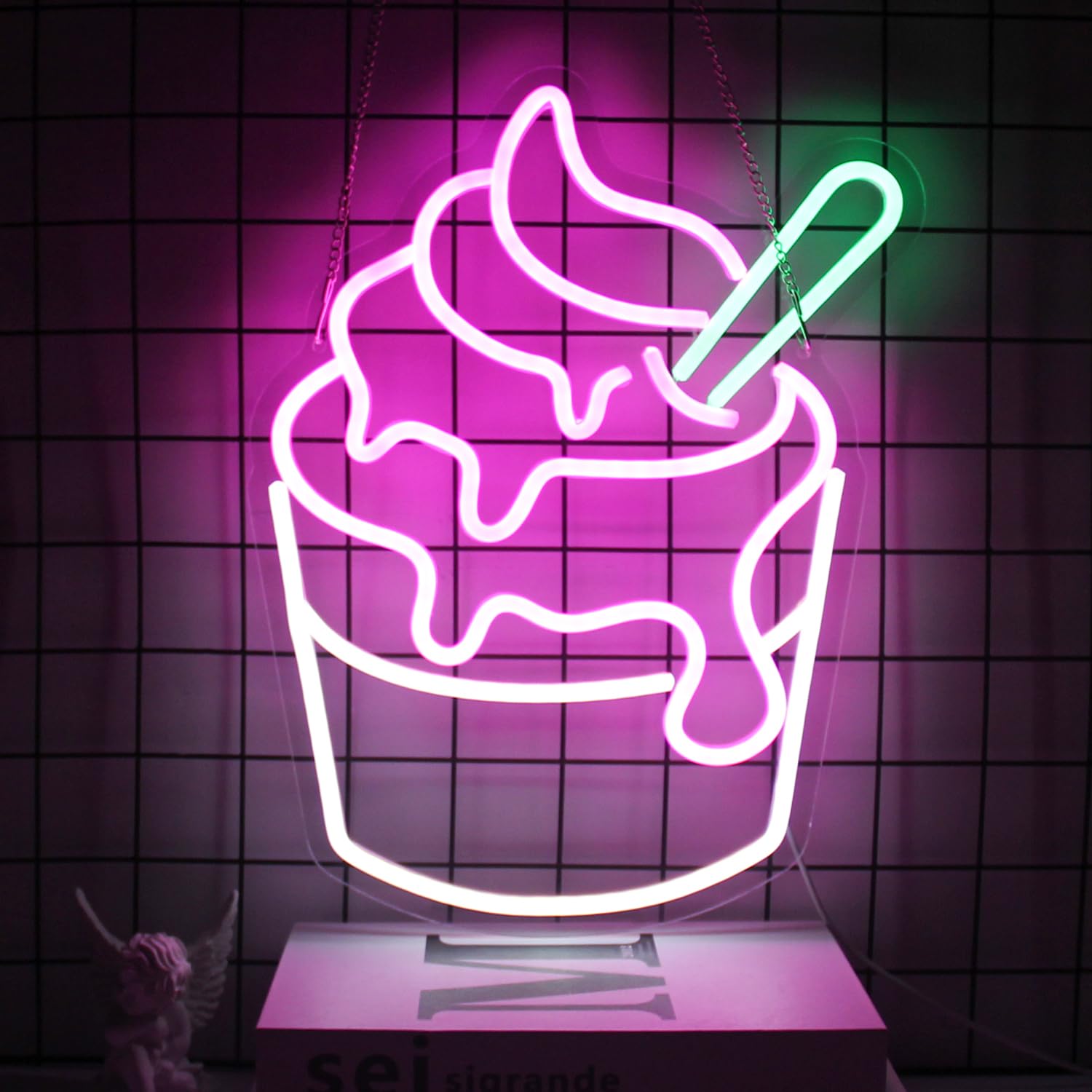 CKTBLEY Ice Cream Neon Sign Pink White Sundae LED Neon Lights Signs Cupcake Neon Signs for Business Wall Decor Melting Ice Cream