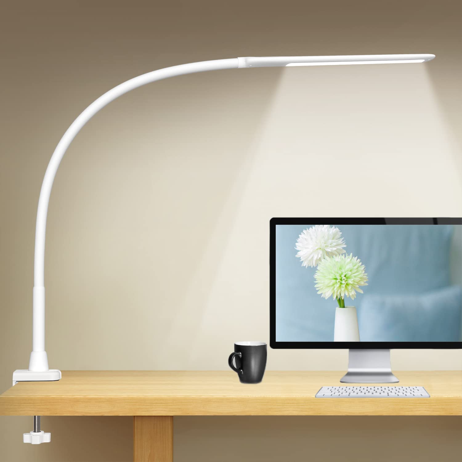 YOUKOYI LED Desk Lamp - 5 Brightness Levels, 4 Color Modes, Touch Control, Gooseneck, White, Model T7W