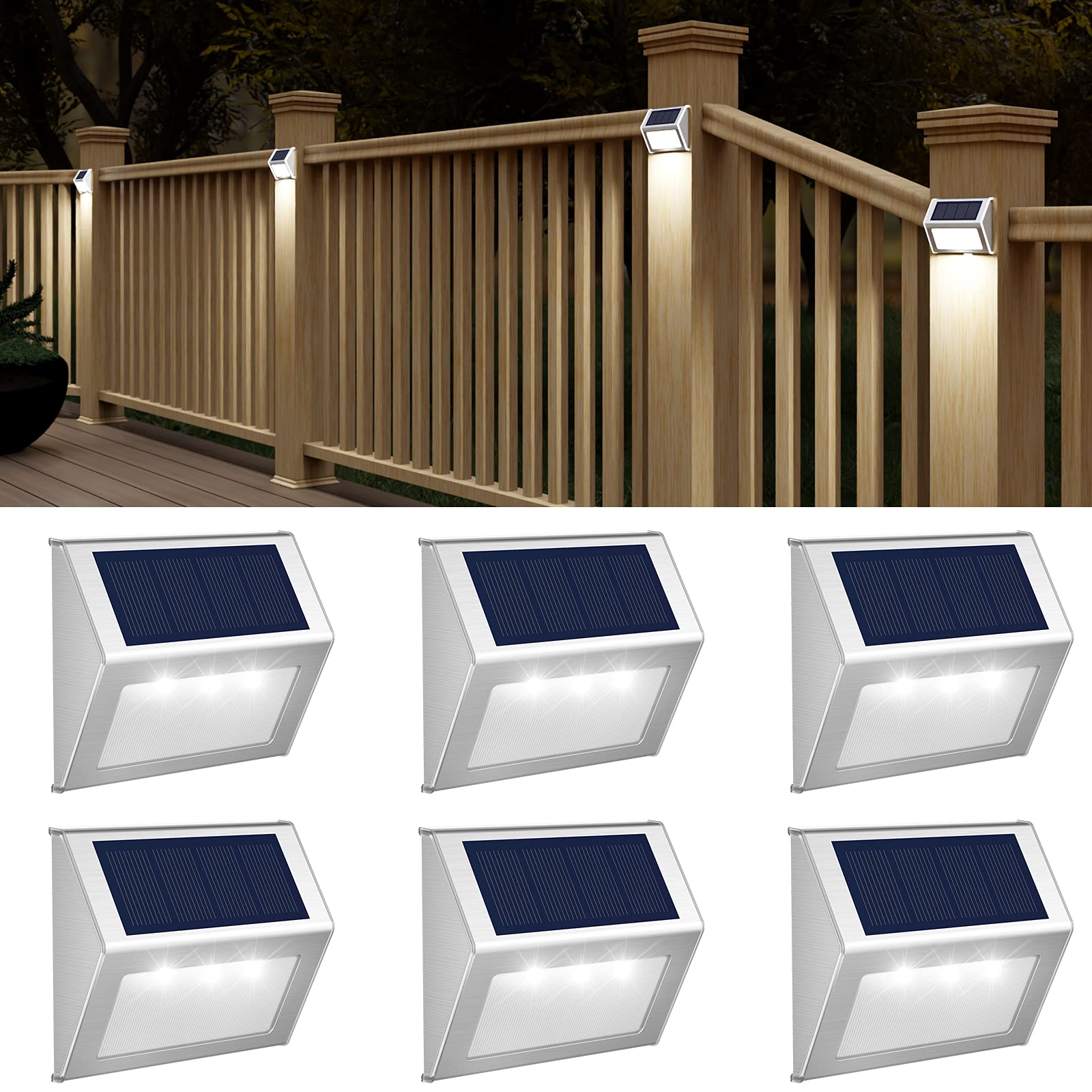 JSOT Outdoor Solar Lights - Waterproof Solar Fence Post Light, 6-Pack, Stainless Steel & ABS, Cool Light, Model XX-LTD-W6