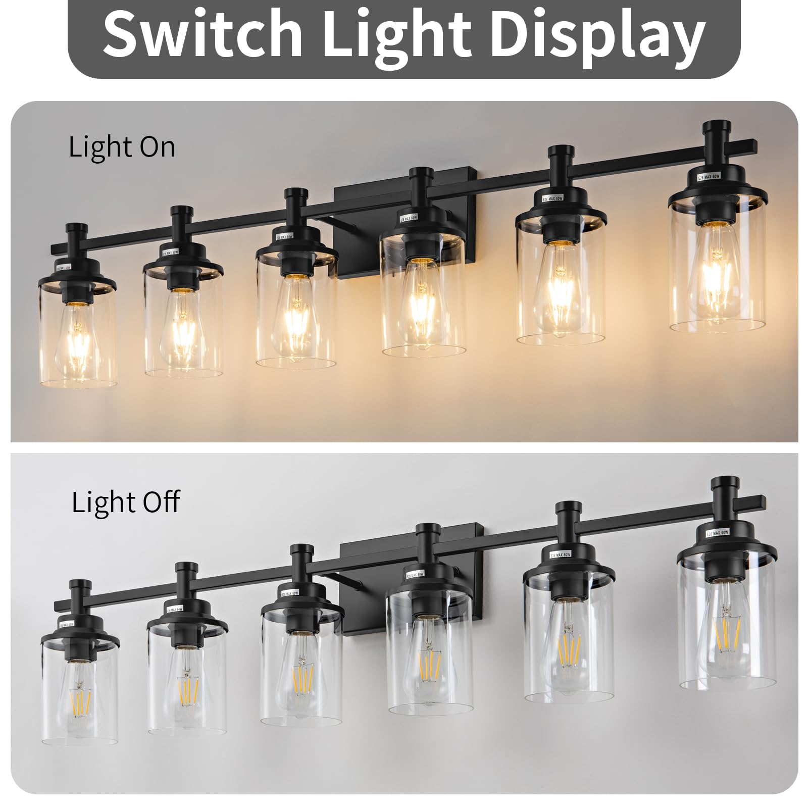 Aixialin Modern Black Bathroom Vanity Lighting Over Mirror,6 Lights Bathroom Vanity Lights With Clear Glass Shade, Metal Vanity
