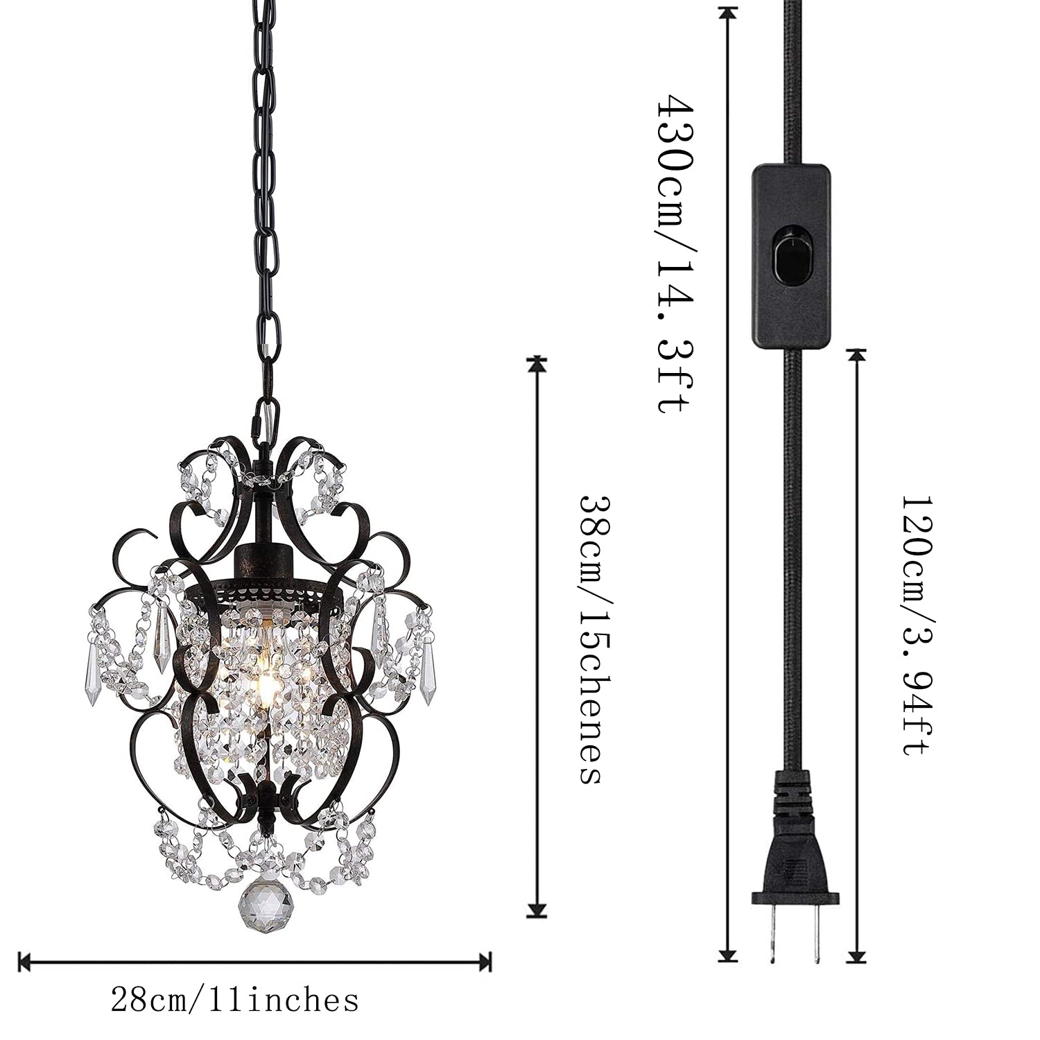 RAYMALUX Mini Bronze Plug-in Chandelier, Metal Ceiling Light Fixture for Bedroom, Living Room, Dining Room