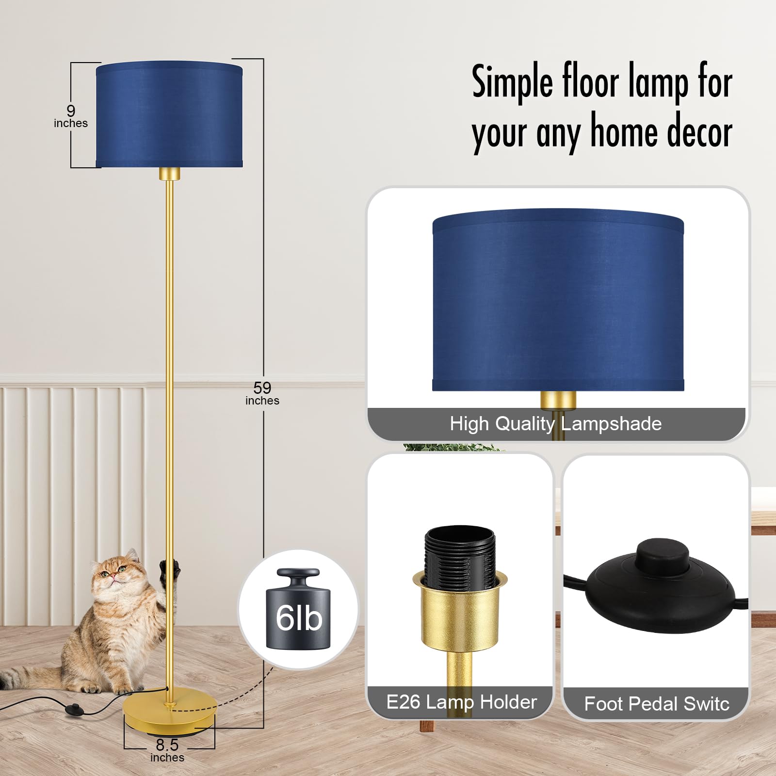 BoostArea 58" Floor Lamp - Modern Gold & Blue Standing Lamp with Foot Pedal Switch, Metal Shade for Living Room/Bedroom, Model B1135