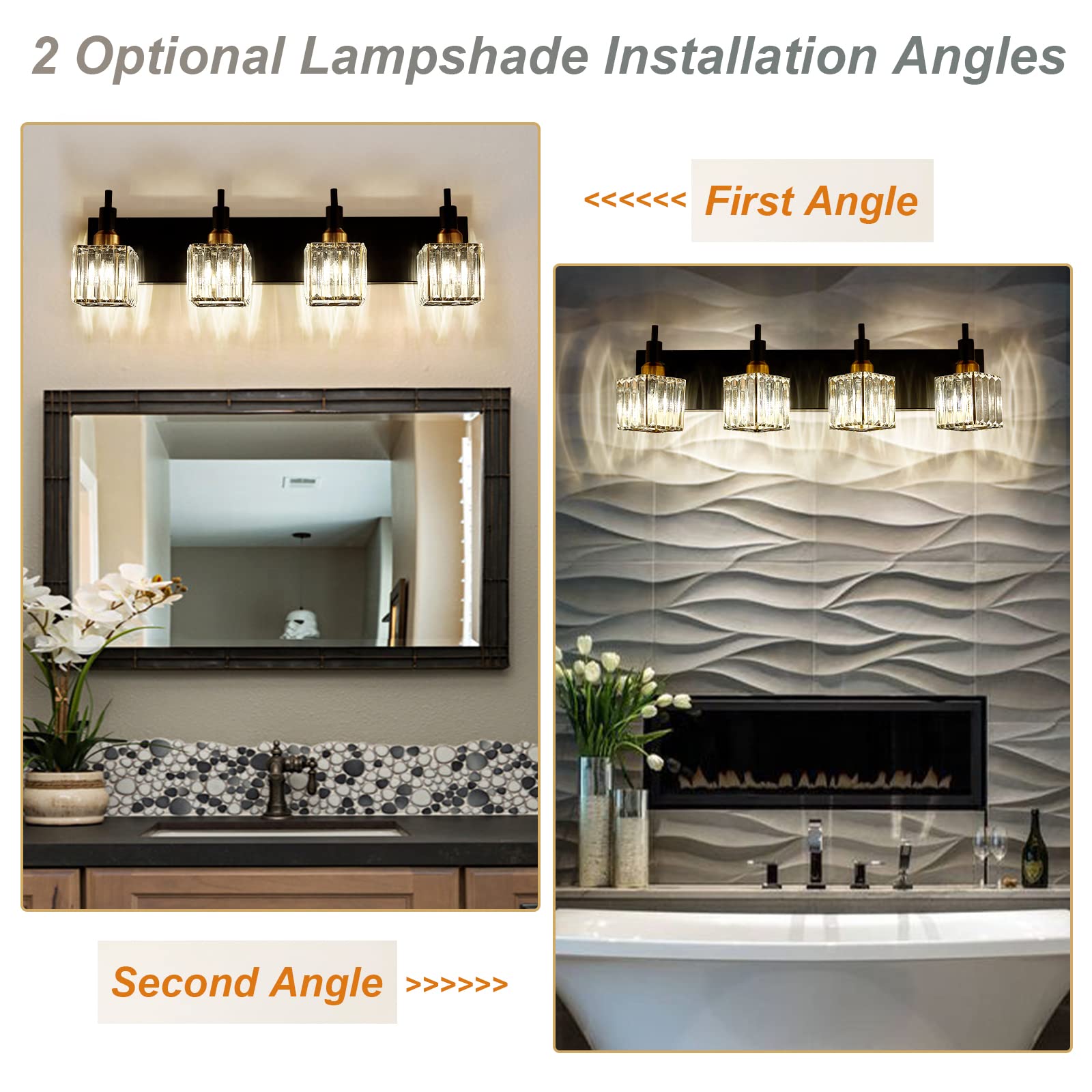 Huoku Gold Black Crystal Bathroom Lighting Fixtures, 4 Light Modern Crystal Vanity Lights Over Mirror