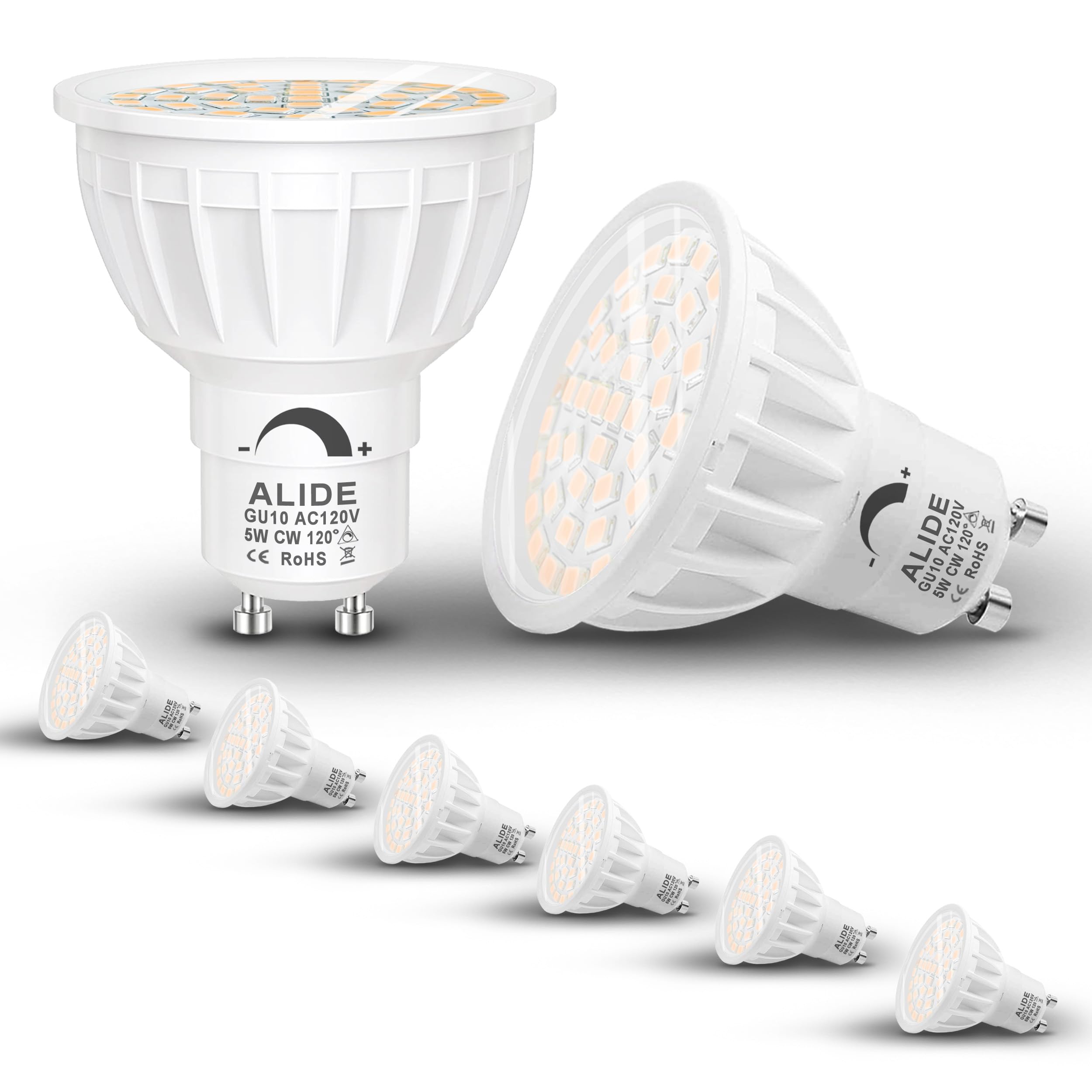 Alide 5W Dimmable Gu10 Led Bulbs 5000K Daylight White,Two Prong Replace Gu10 50W Halogen,120 Degree Flood Wide Beam Angle,Ac120V