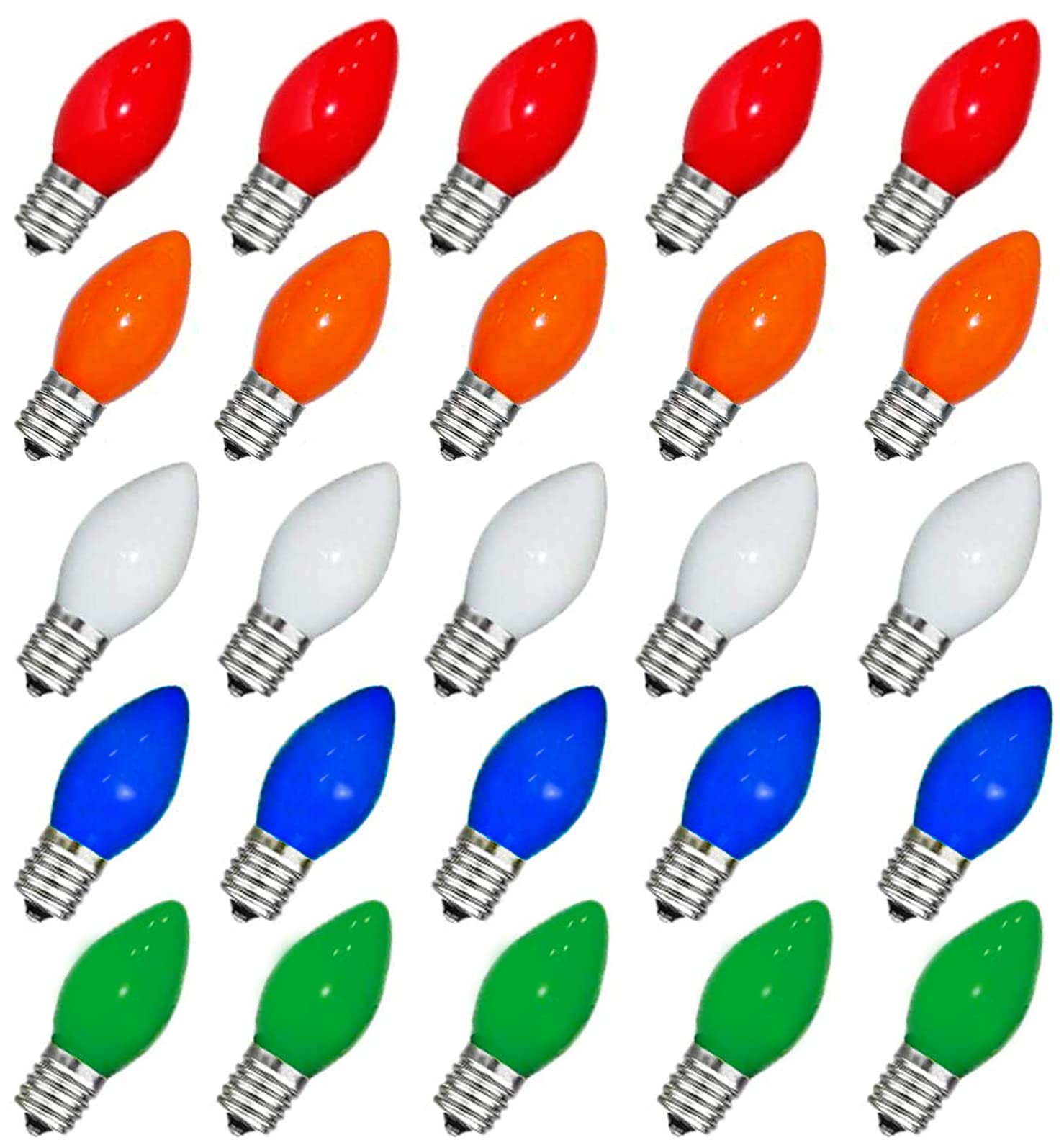 Couah Christmas Light Bulbs C7 Multi-Color Replacement Bulbs(25 Pack) C7 Ceramic Outdoor String Light Replacement Bulbs, C7/E12 Candelabra Base, 5 Watt