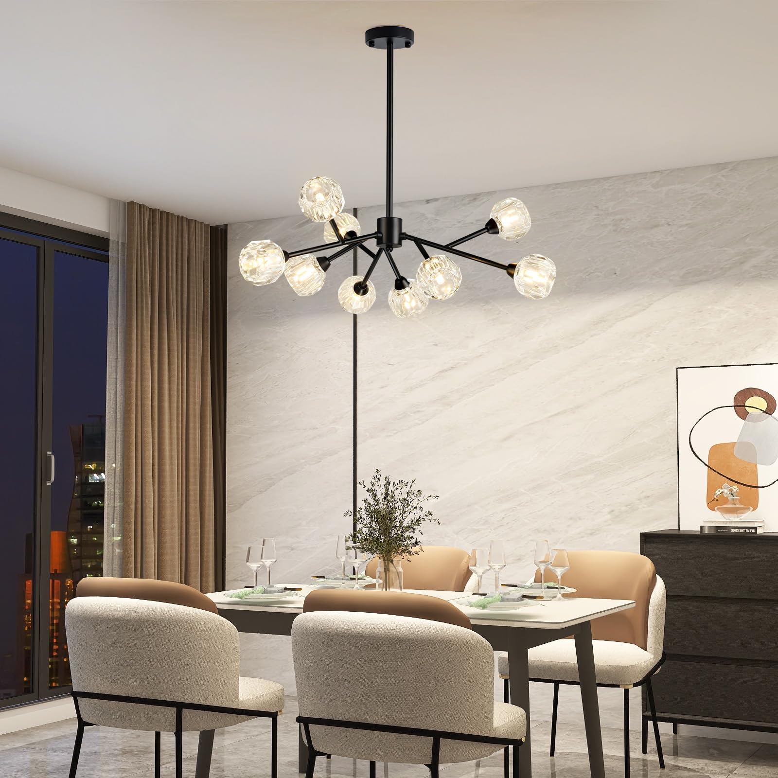 Weesalife Black Sputnik Chandelier, 9-Light Modern Crystal Fixture For Dining Room & Kitchen