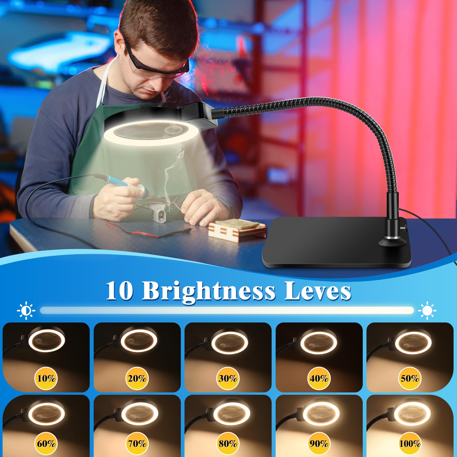 30X 10X Magnifying Glass With Light And Stand, 72 Led 3 Color Modes Stepless Dimmable, Hands Free Lighted Magnifier Desk Lamp Fo