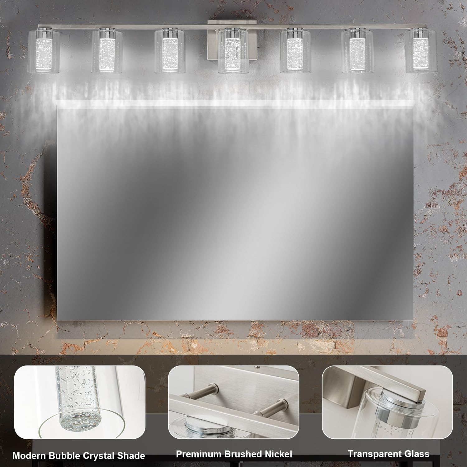 Sinerise 7-Light Brushed Nickel Vanity Light With 3 Color Modes (3000K/4000K/6000K), Eye Protection Led Bathroom Light Fixture,