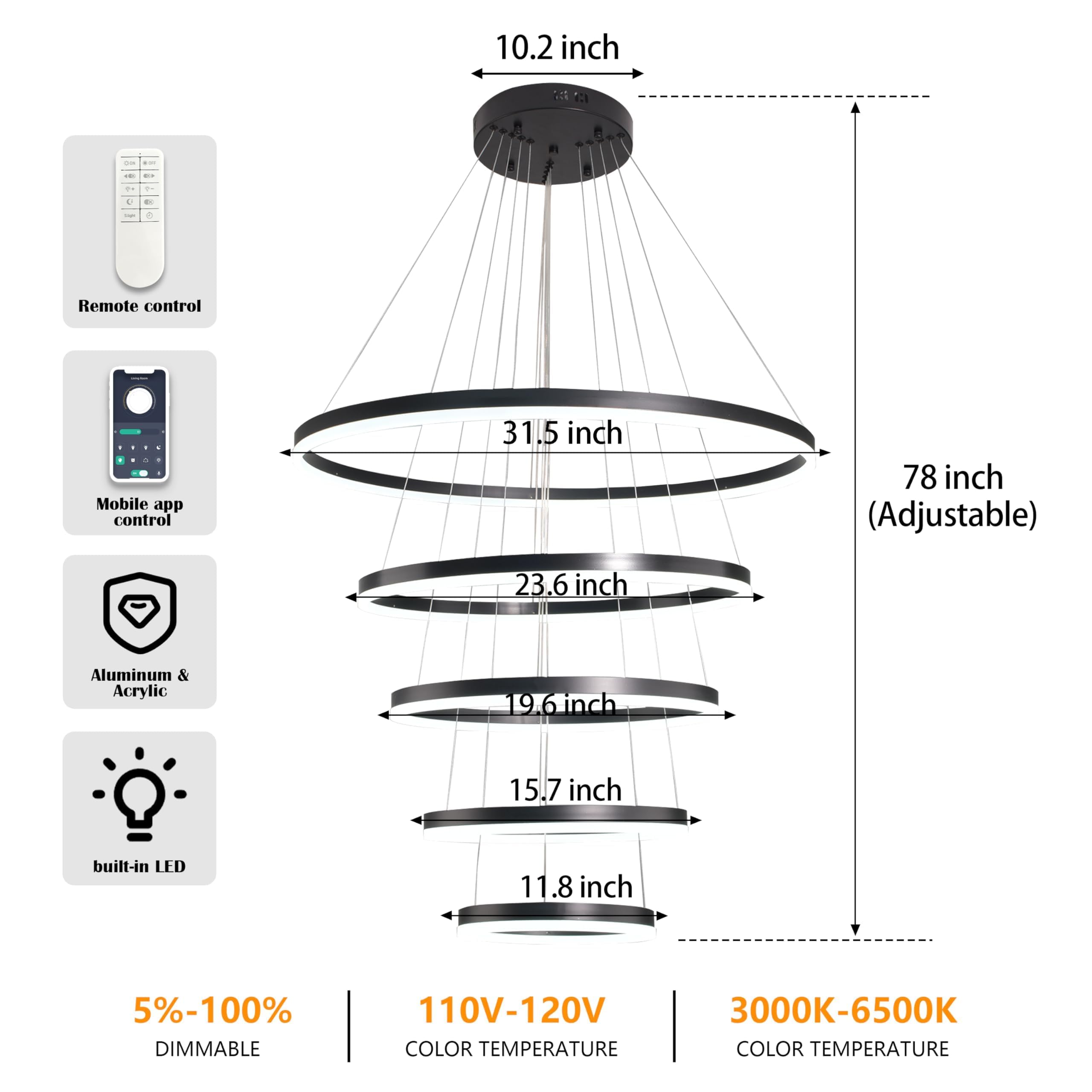 Mccokaige 5 Rings Black LED Chandelier, Dimmable & Height Adjustable, Metal, Model YK-34568-H, Ideal for Dining Room & Living Room