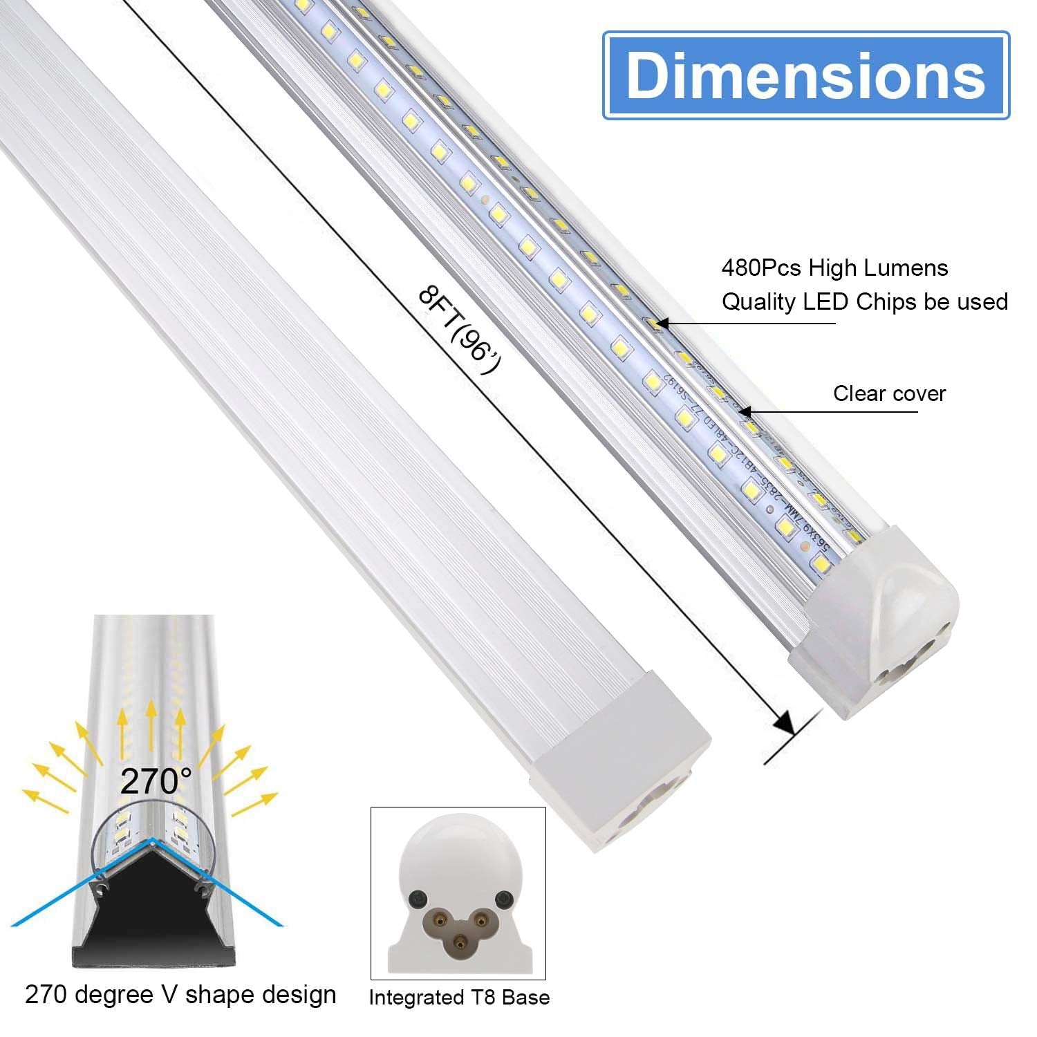 Henwsi 8FT LED Shop Light Fixture, 10 Pack, 72W 9500LM, 6500K Clear Cover, V Shape Lighting for Garage & Warehouse