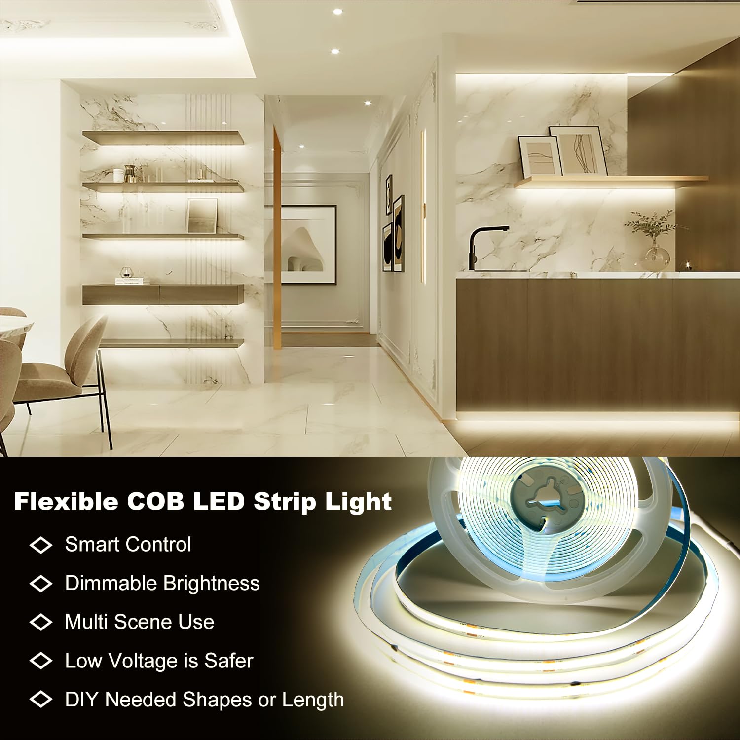 Daybetter Cob Led Strip Light, Dimmable 16.4 Ft Natural White Led Strips With Remote And App Control, Perfect For Bedroom, Tv, C