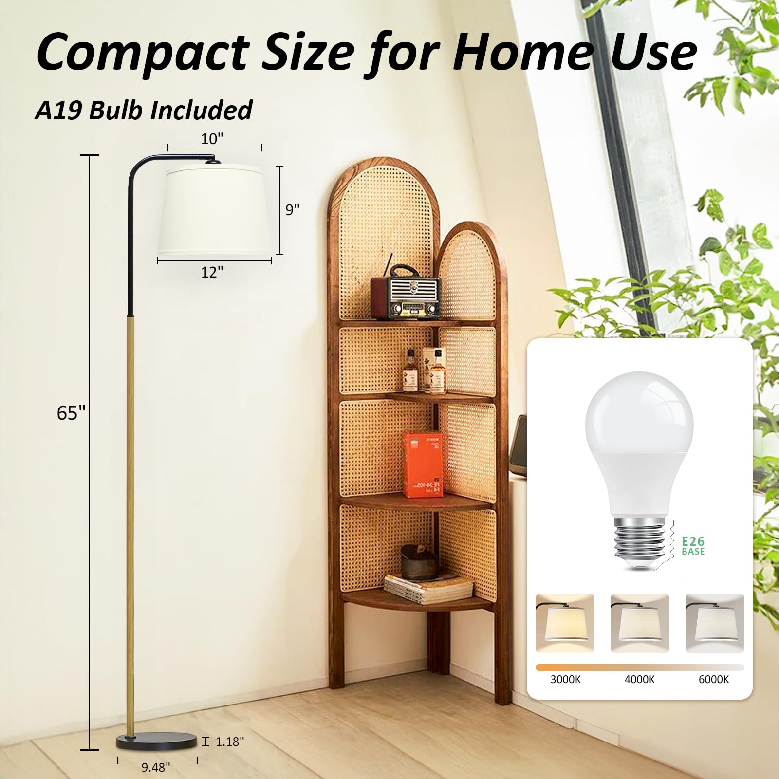 AKASUKI Floor Lamp with 3 Color Temperatures, 9W LED Bulb, Wooden Base, Cream Shade, Model LT-1125