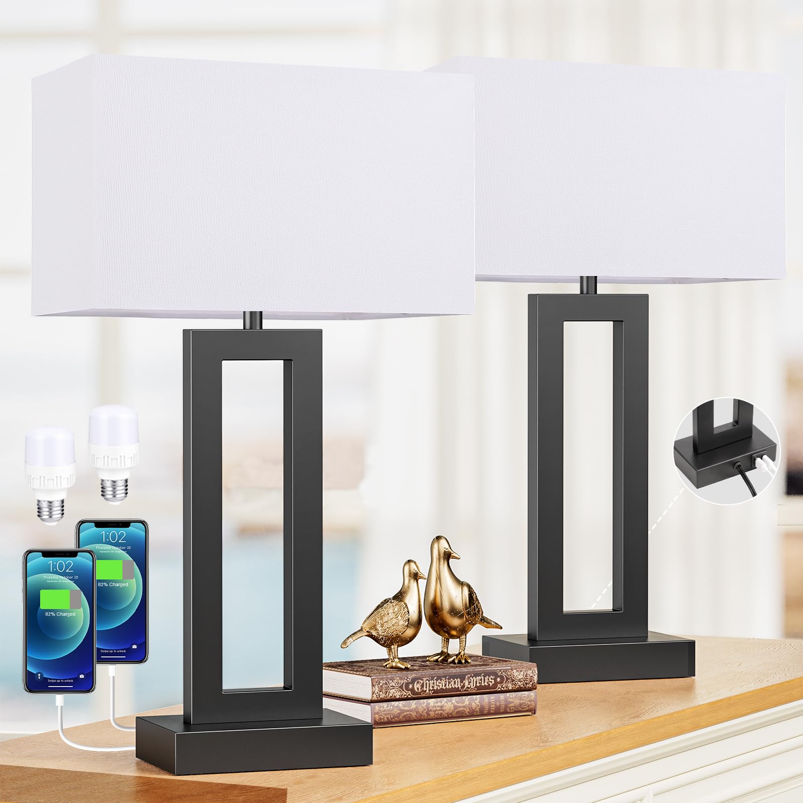 Seealle 22in Tall Touch Bedside Lamps Set of 2 - USB C+A, 3 Way Dimmable, Metal, White & Black