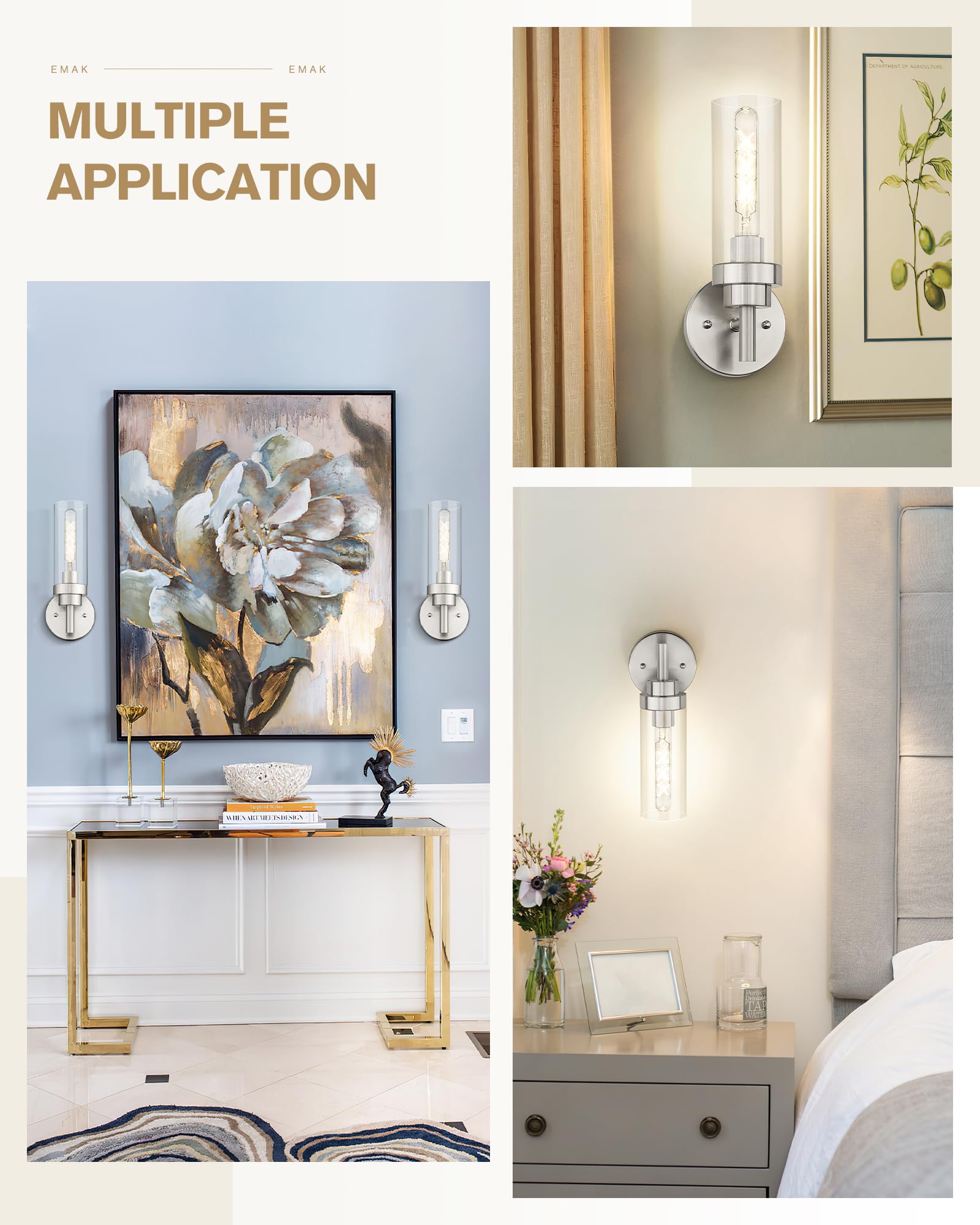Emak Modern Wall Lights, Brushed Nickel Wall Sconces Set Of 2, Bathroom Vanity Light With Clear Glass Shade For Bathroom, Bedroo