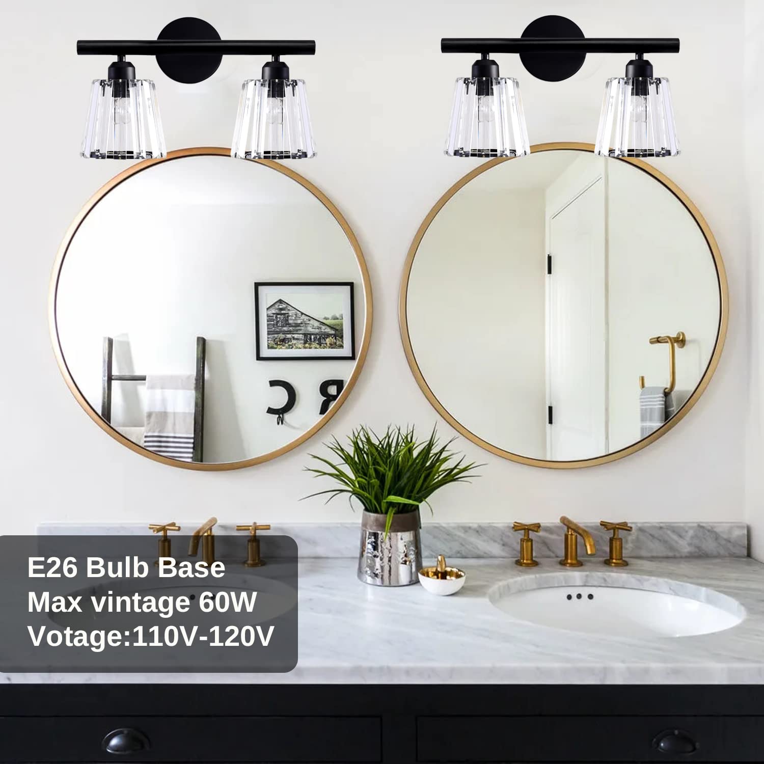 Tislyco 2 Lights Bathroom Sconces, Modern Crystal Vanity Light Fixtures Over Mirror, Black Wall Sconce For Hallway Entryway Rest