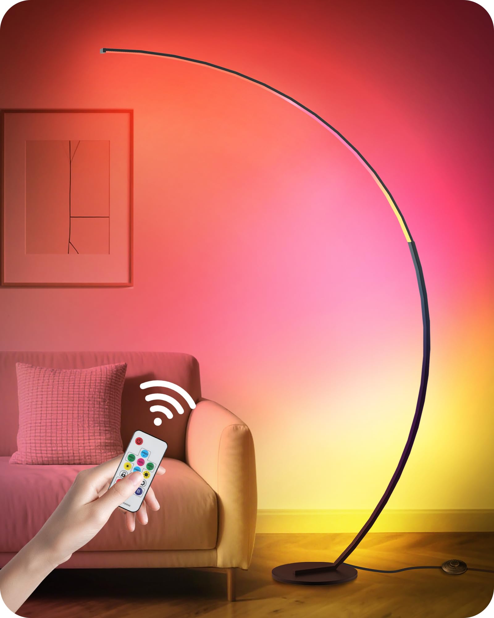 GOEBLESON RGBW Floor Lamp, Dimmable 75” Arc Lamp with Remote, 18 Colors, Metal, Model RB62LD05