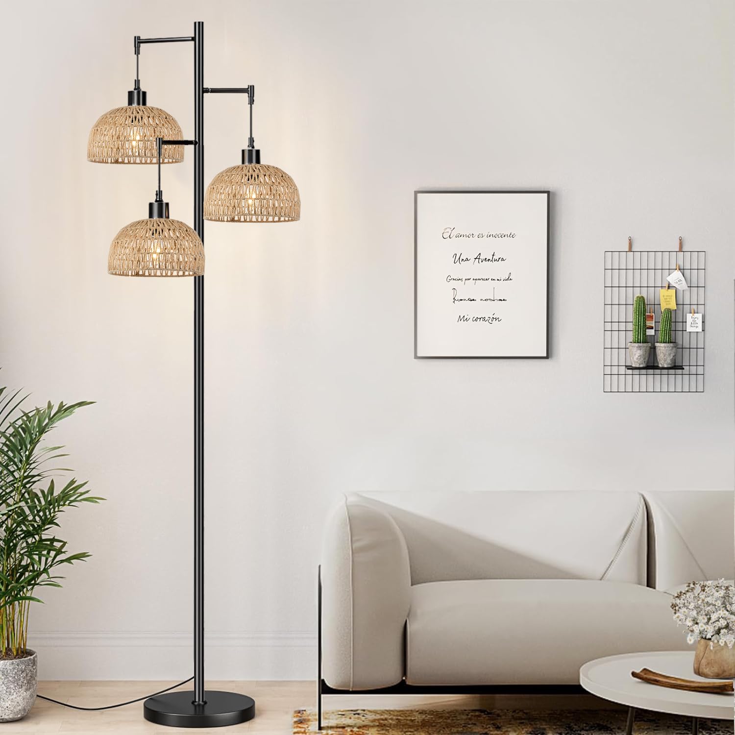 Qiyizm Floor Lamp For Living Room,Bedroom,3-Lights Boho Rattan Floor Lamps,Tree Farmhouse Industrial Black Standing Lamp Wicker