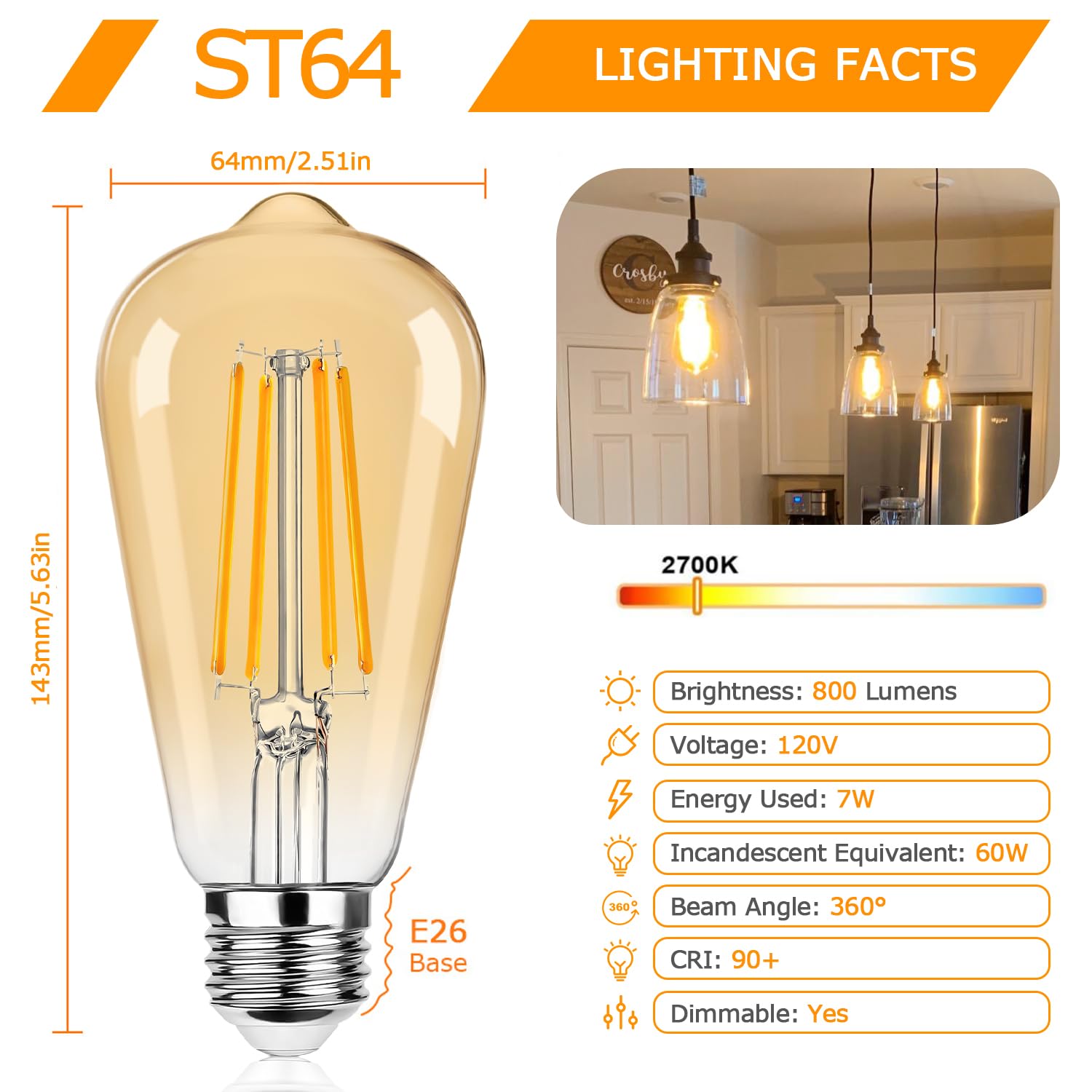12Packs St64 Large Vintage Led Edison Bulbs, 60W Equivalent 7W, 800Lumens, Dimmable Antique Led Filament, 2700K Amber Warm White