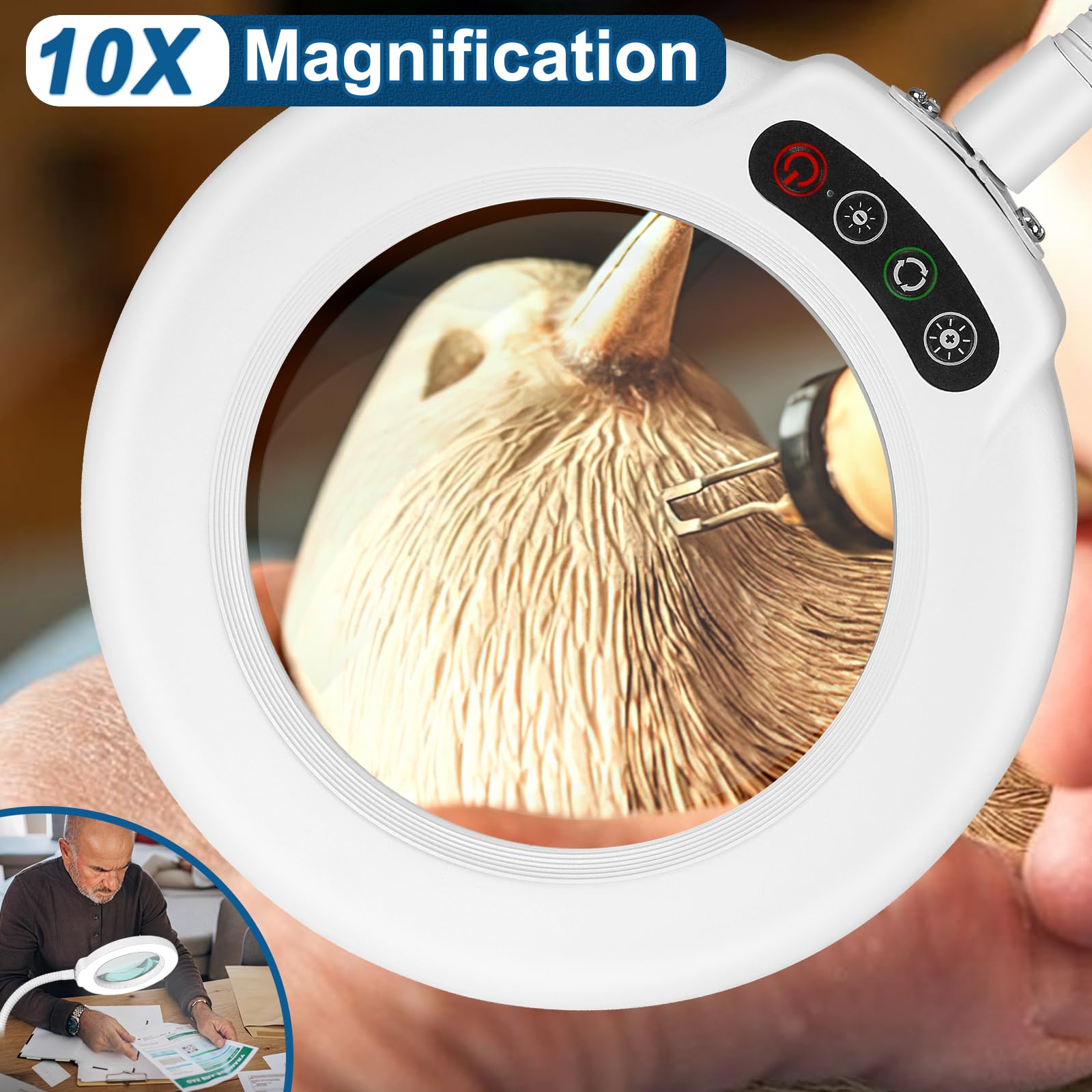 Ivmaie 10X Magnifying Glass With Light, Flexible Gooseneck Lighted Magnifier With Stand, 5 Color Modes Dimmable Led Desk Lamp Ha