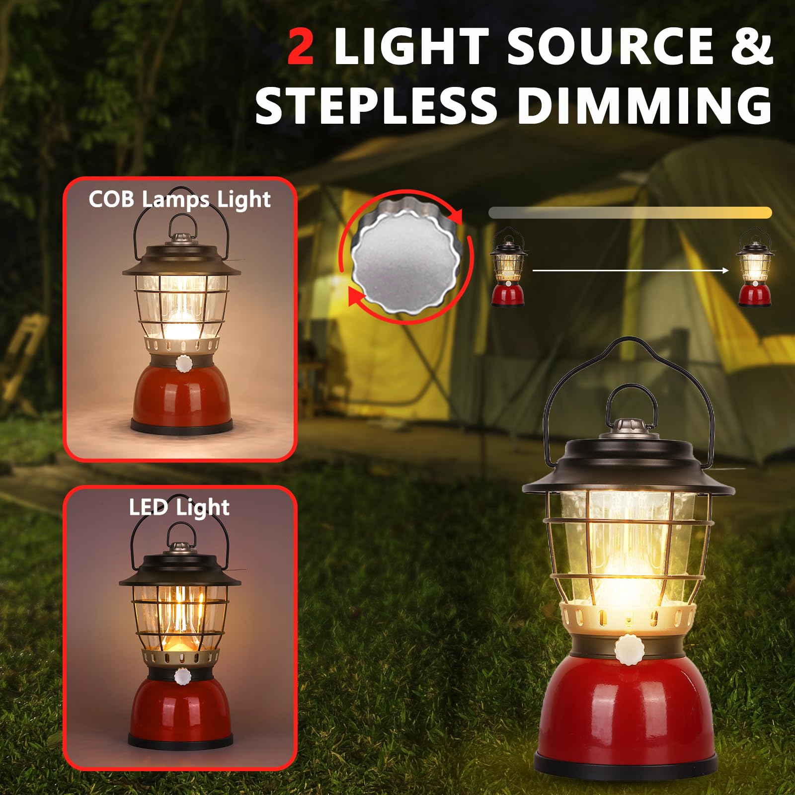LED Camping Lantern Rechargeable Stepless Dimming Vintage Tent Lamp, 4000mAh Power Bank, IPX5 Waterproof Portable Hanging Campin