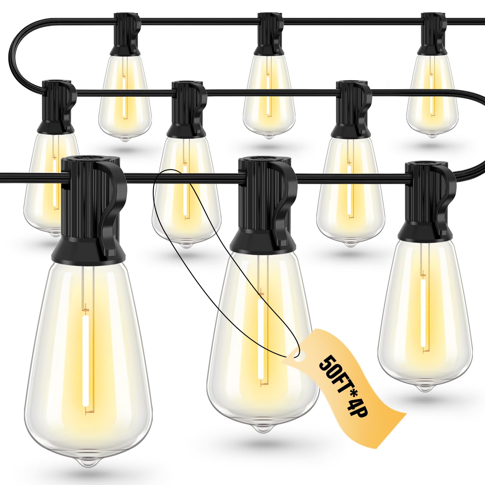 Doukedge String Lights for Outside, 200 FT (50FT 4 Pack) Patio Lights Outdoor Waterproof with 108 ST38 Edison Bulbs(8 Sqare), Pl
