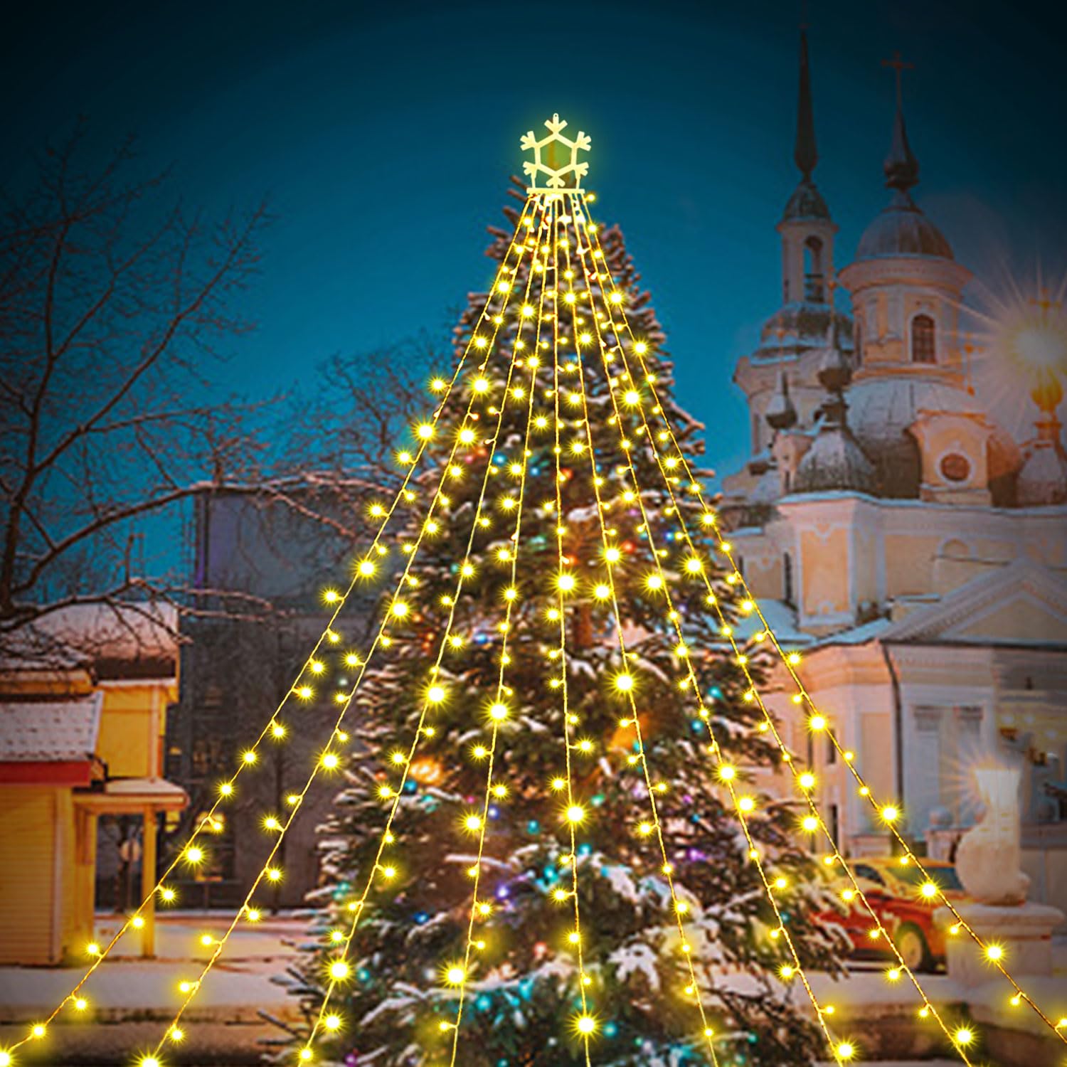 Puhong 320 Led Christmas Lights, 16.4Ft Waterproof Fairy Lights With Lighted Snowflake - Warm White