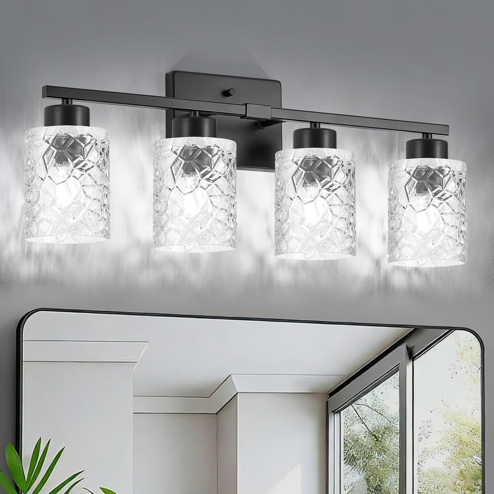 Kvhiiw Black Bathroom Light Fixtures, 4-Light Modern Bathroom Vanity Wall Light, Vanity Lights for Mirror, Wall Sconces with Cle