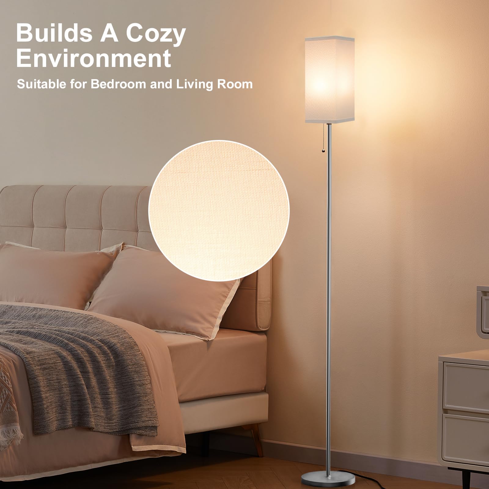 Floor Lamp For Living Room Bedroom - 3 Color Temperature Silver Standing Lamps With Pull Chain Switch, Modern Tall Lamp For Offi