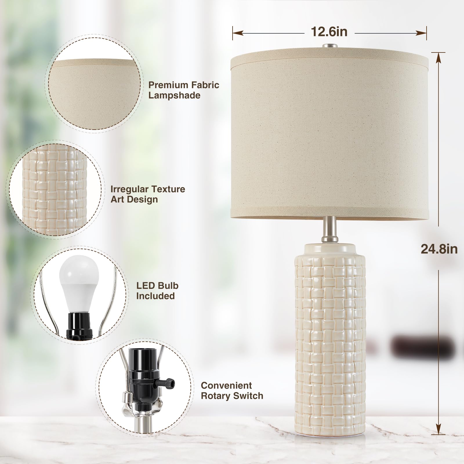Luvkczc Ceramic Bedside Lamp Set of 2, 24.8in, Off-White, Energy Efficient, 3 Color Temperatures, Model 120