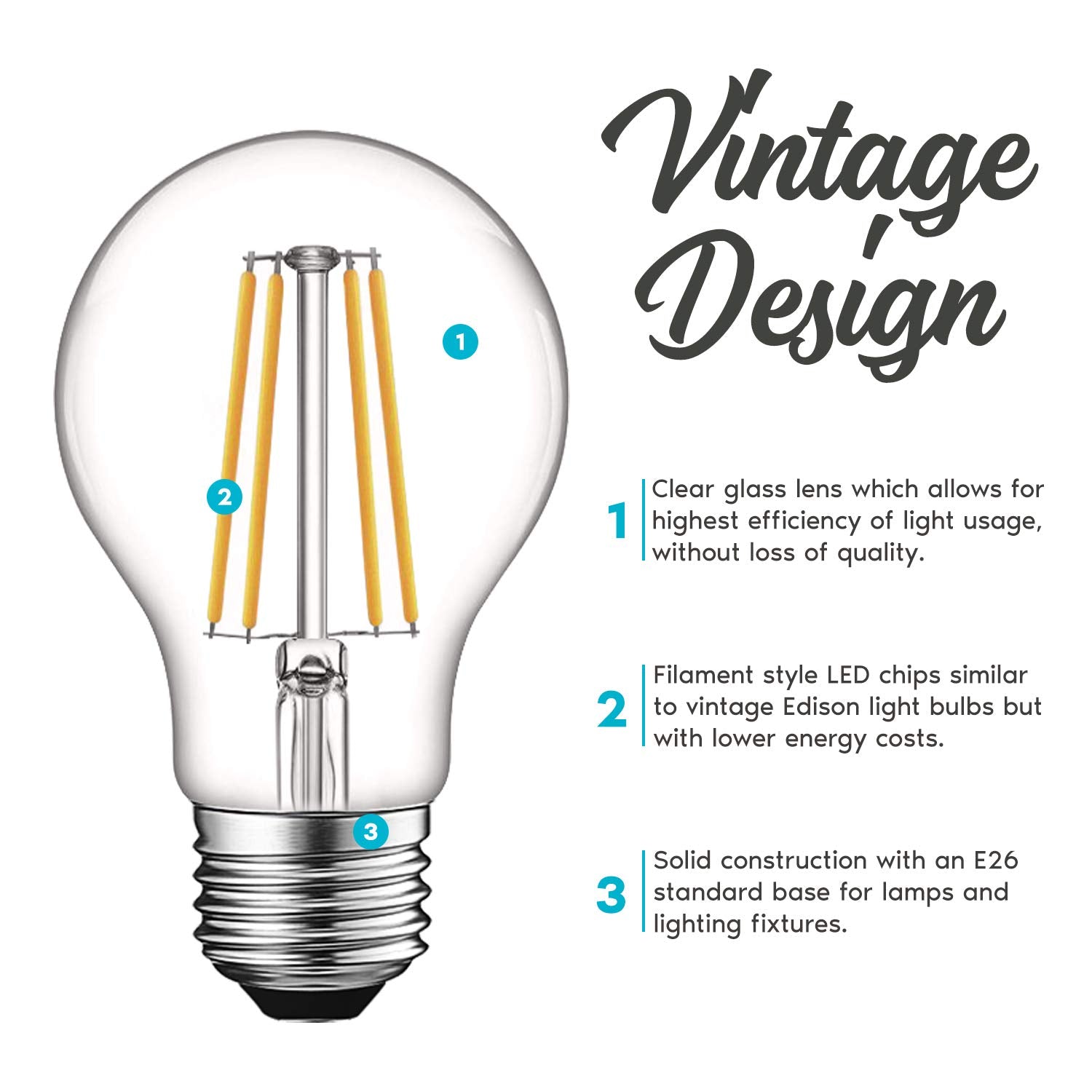 LUXRITE Vintage A19 LED Light Bulbs 60W Equivalent, Dimmable, 800 Lumens, 4 Pack, 3000K Soft White, E26 Base, UL