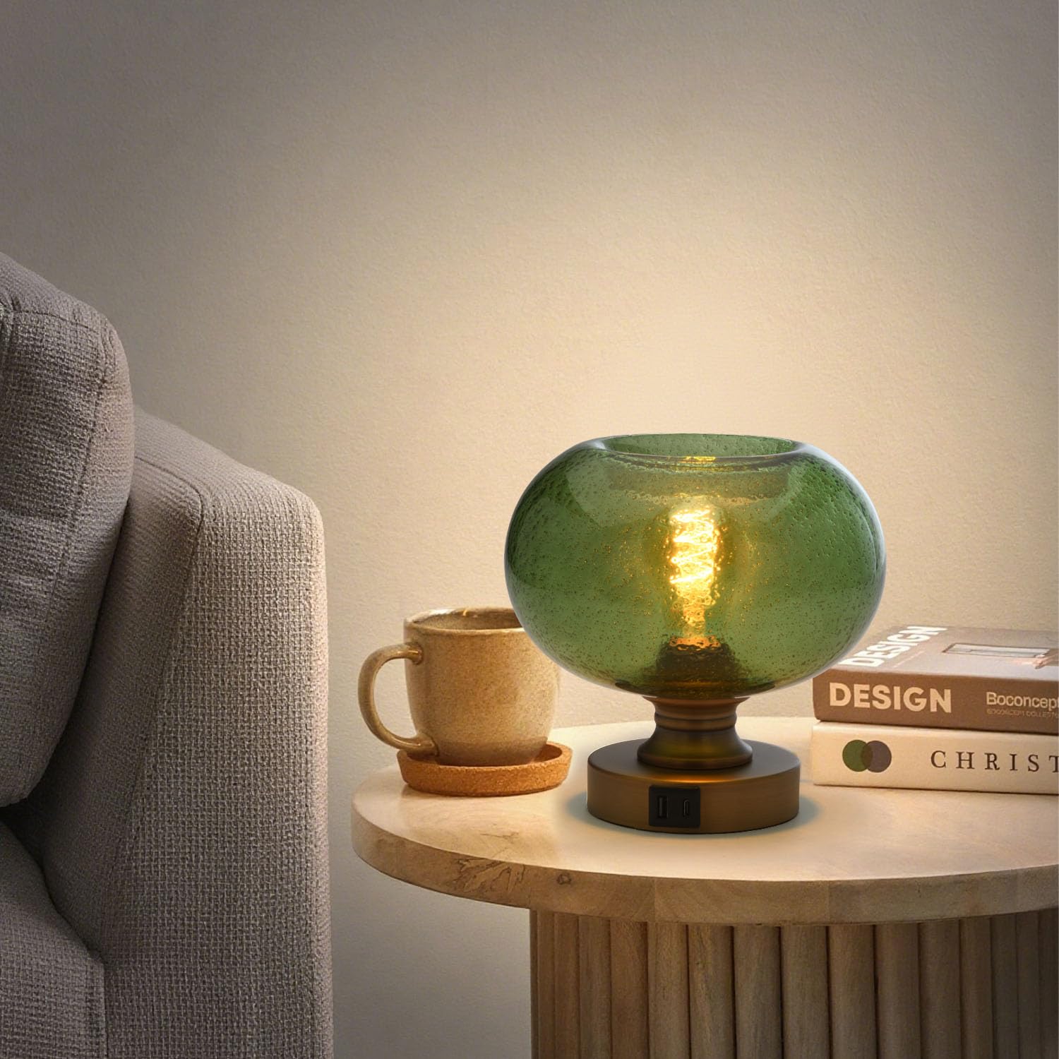MAINDECO Mid Century Glass Table Lamp,Dimmable Desk Lamp,LED Bulb Included,Touch Control & USB A+C Port,Green Seeded Glass
