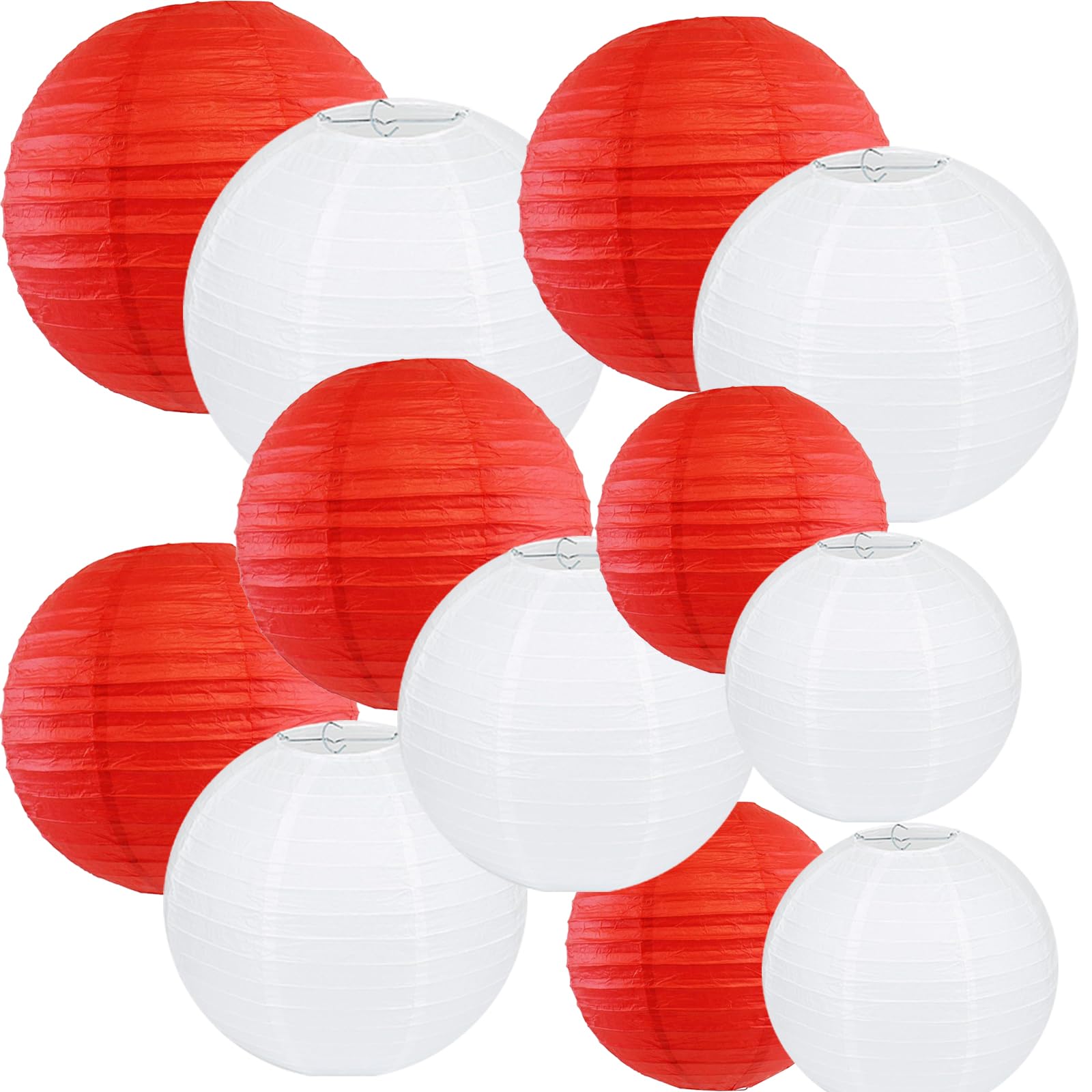 Peywot 12Pcs Round Paper Lanterns, Assorted Sizes 6in-12in, White and Red, for Home Decor, Weddings, and Parties, Model DL-B12-HB