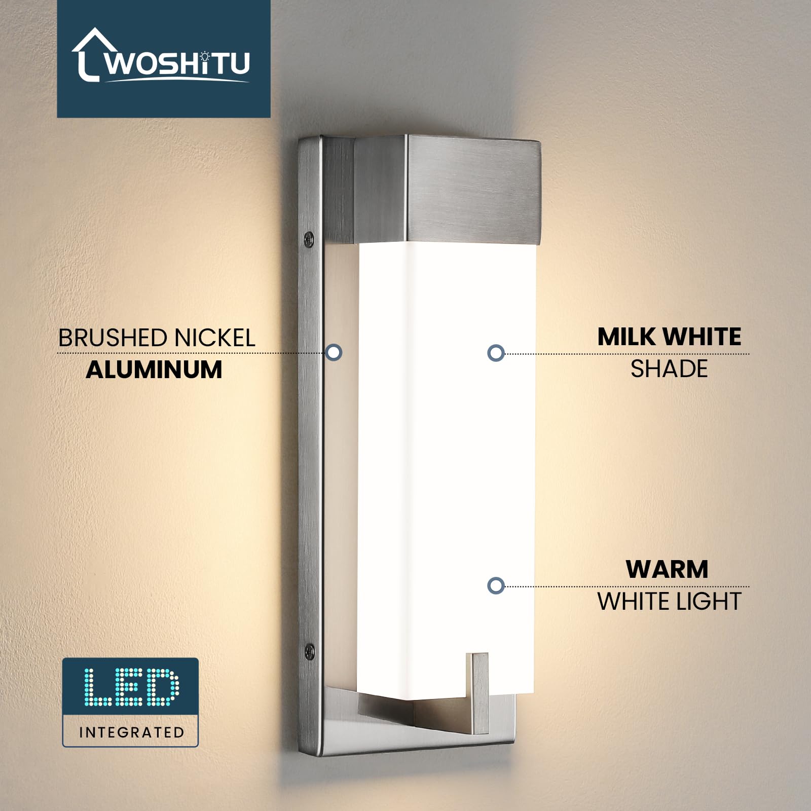 Woshitu Nickel Wall Sconce Light - Modern Dimmable Wall Sconces Set Of Two Led 3000K 15W Bathroom Vanity Light With Acrylic Shade Indoor Hardwired Sconce Lighting For Bedroom/Living Room/Hallway