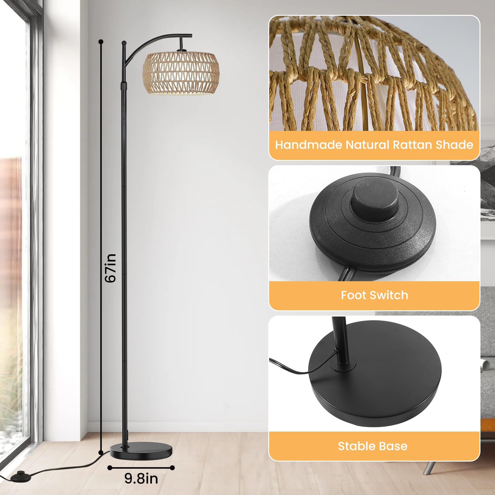 Yusist Arc Floor Lamp For Living Room,Farmhouse Floor Lamps With Remote Control & Dimmable Bulb, Boho Rattan Tall Standing Lamp