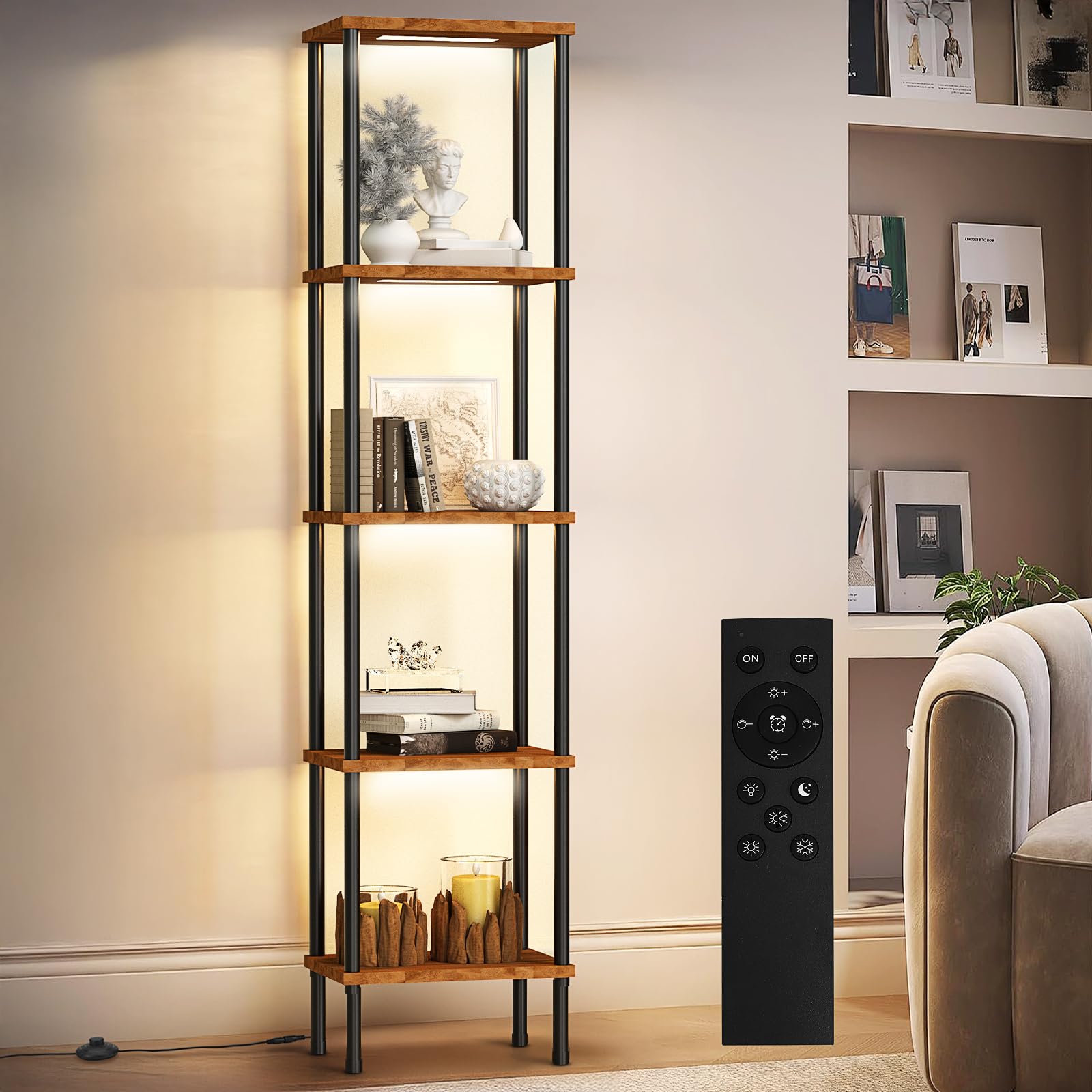 Caupel 5-Tier Display Corner Shelf With Dimmable Lights, 69.21 Inch Tall Bookshelf Storage Rack, Floor Lamp Display Shelves For 