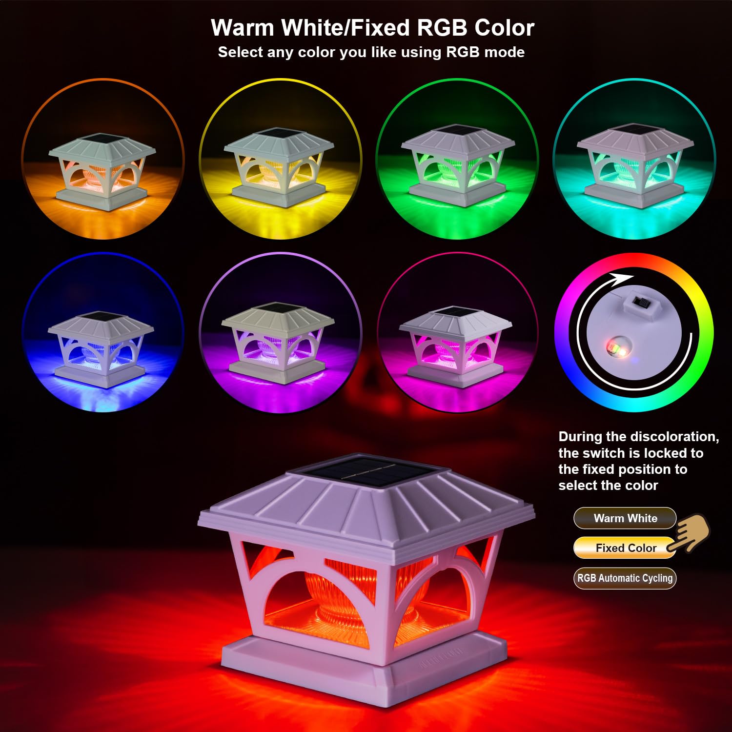 AEFRELEOHT Solar Post Cap Lights, 20 Lumens, RGB & Warm White, 2 Pack, White, Model SL1680