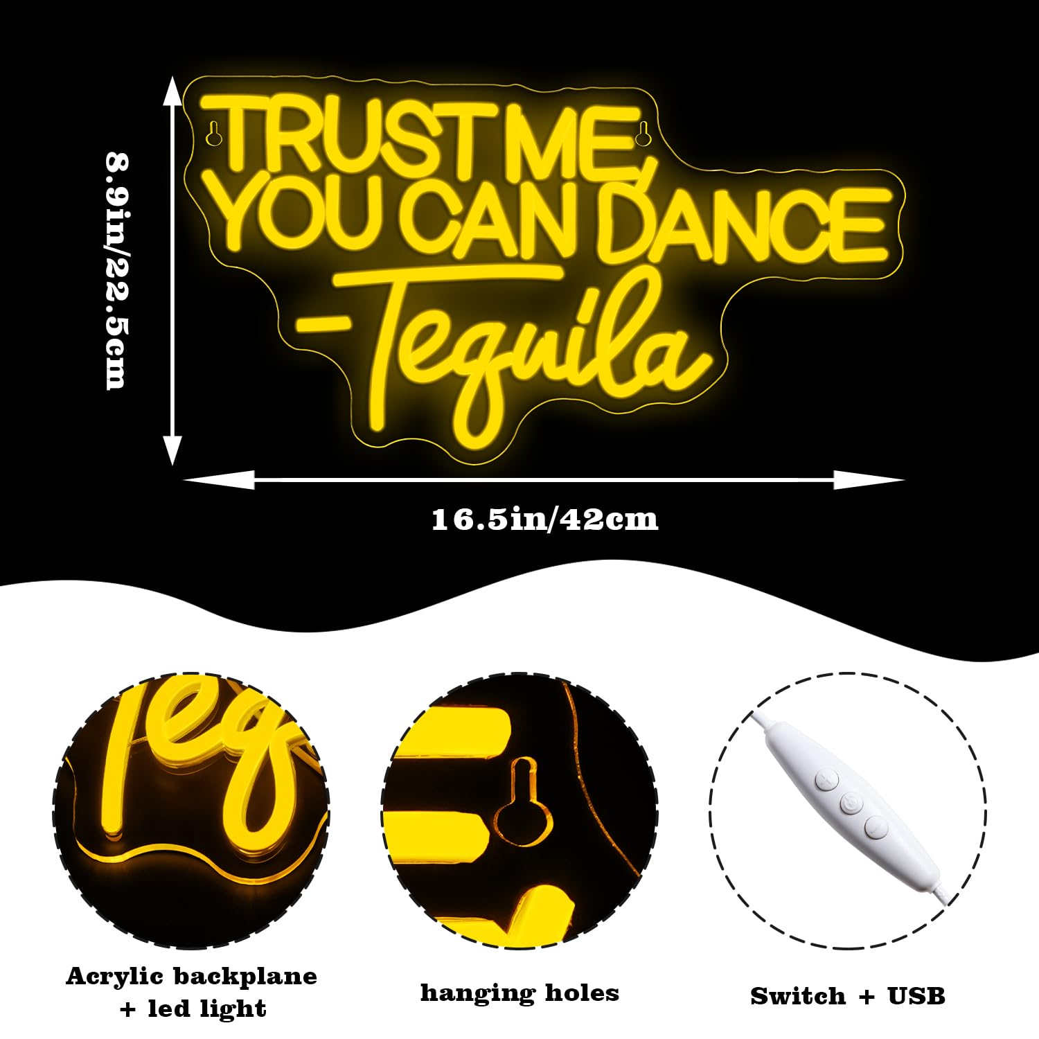 Dreamfort Trust Me You Can Dance Tequila Neon Sign Yellow Letter Neon Lights Vibrant Orange Neon Bar Signs For Wall Decor Usb Light Up Sign For Home Bar Man Cave Party Club Restaurant