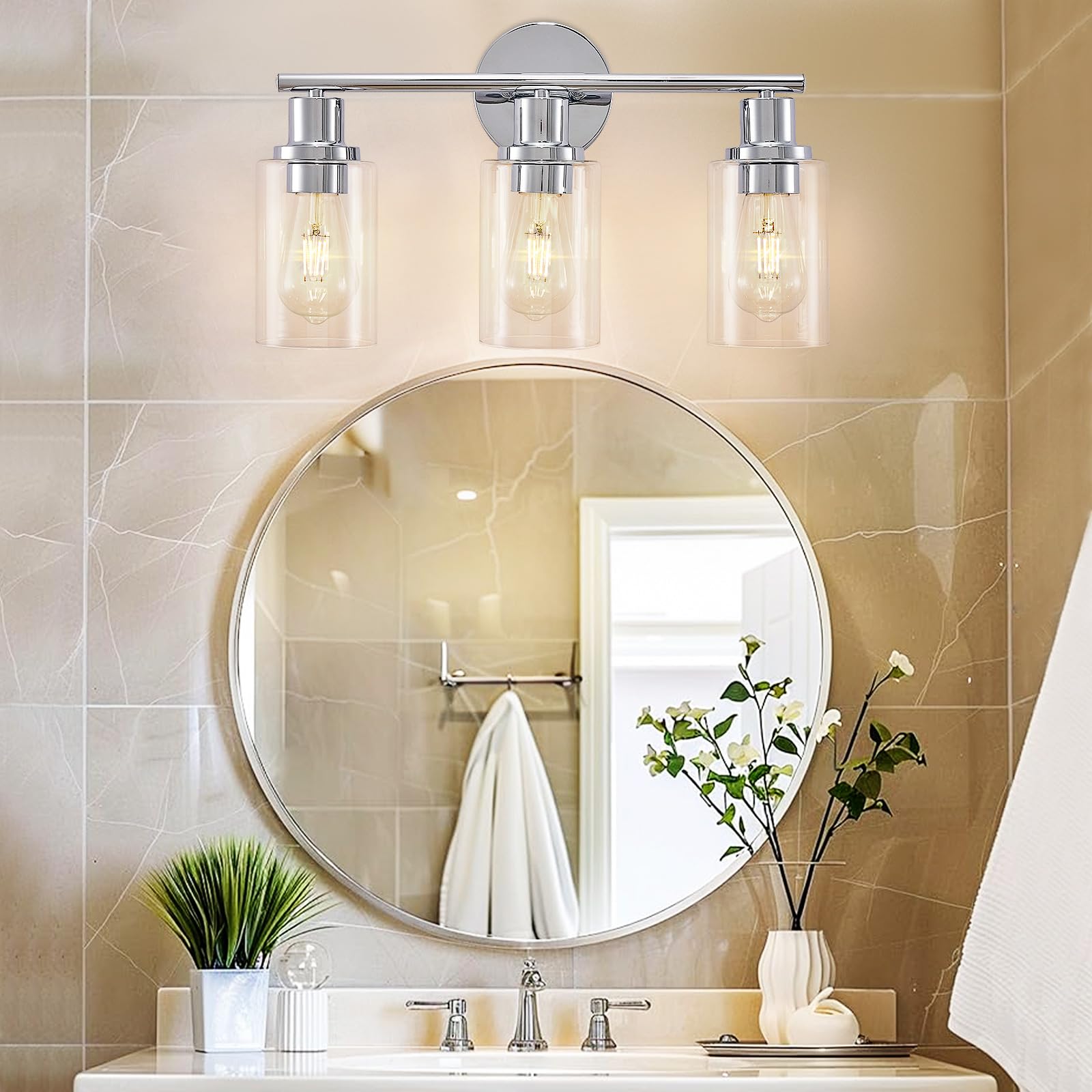 Dllt 3-Light Bathroom Light Fixtures: Chrome Modern Vanity Lights With 3 E26 Bulbs - Clear Glass Shade Bathroom Wall Lamp For Mi