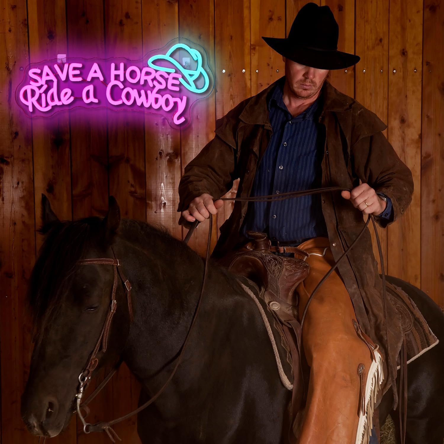 WLHOPE Neon Sign, Save A Horse Ride A Cowboy, Adjustable Brightness, Silicone, USB Connectivity, Wall Decor, A-save a horse