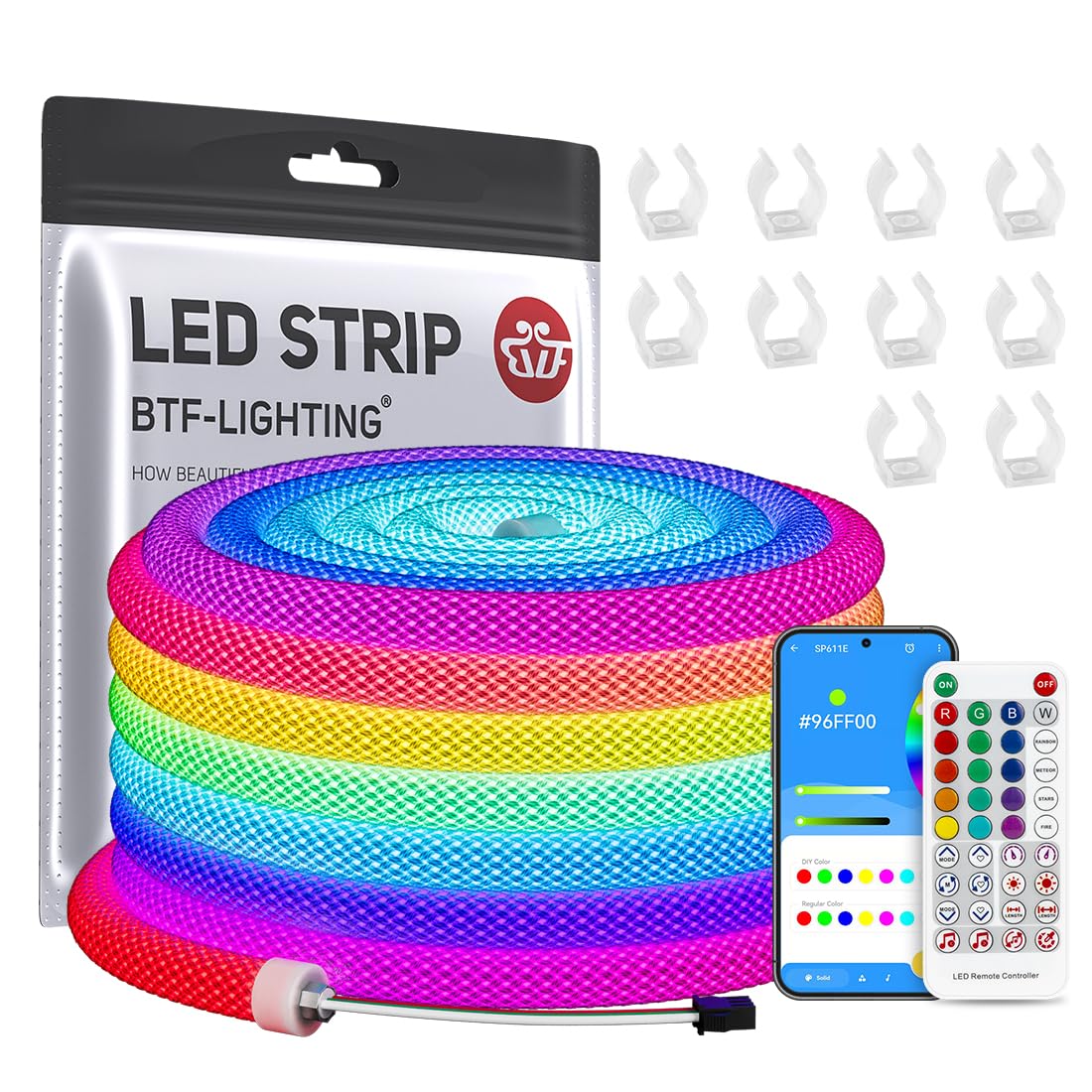 BTF-LIGHTING LED Strip Kit, 16.4FT WS2811 WS2812B, Multicolor, Silicone, Bluetooth Controller, IP67 Waterproof, Model D153605M5V