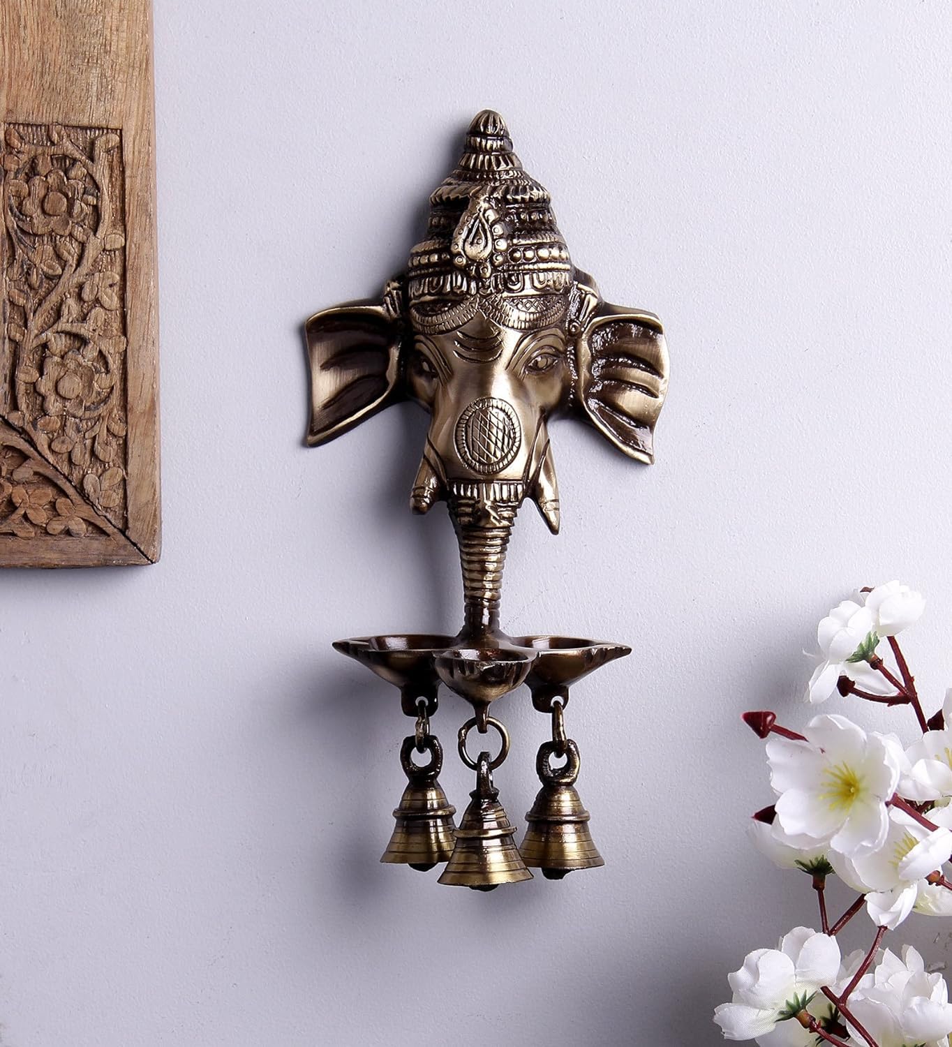 Metal Ganesha Wall Hanging Diya with Bells for Home Decor, Gold Metal Hanging Diyas Oil Lamp, Diwali Gifts, Diyas for Diwali, Gh