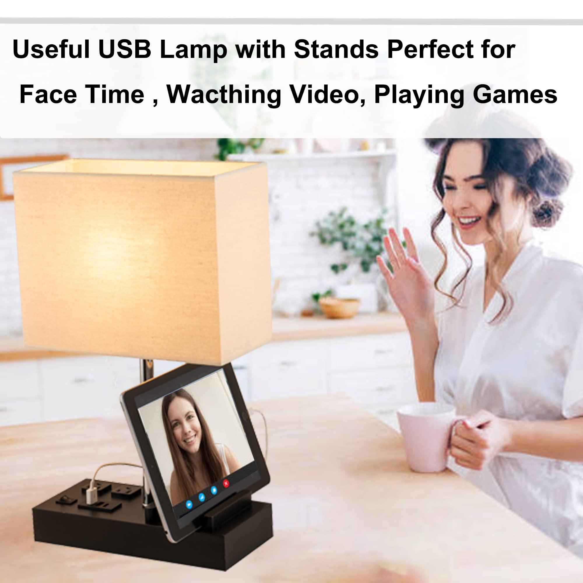 Briever Upgraded 3-In-1 Table Lamp With 2 Usb A & 1 Usb C Charging Ports, Bedside Desk Lamp With 2 Ac Outlets And Wooden Phone S
