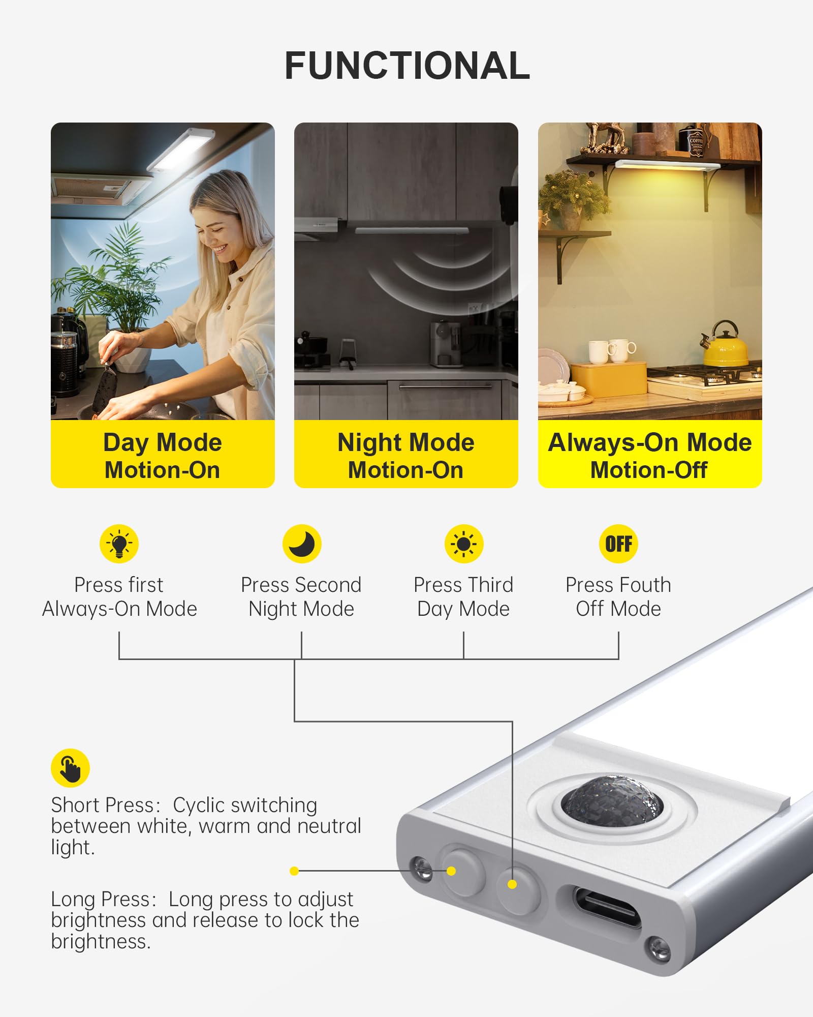 TheDeco 8" Under Cabinet Lighting - 34-LED, Dimmable, Wireless, Rechargeable, White, Model TD-CB-1005-20-M-1pk
