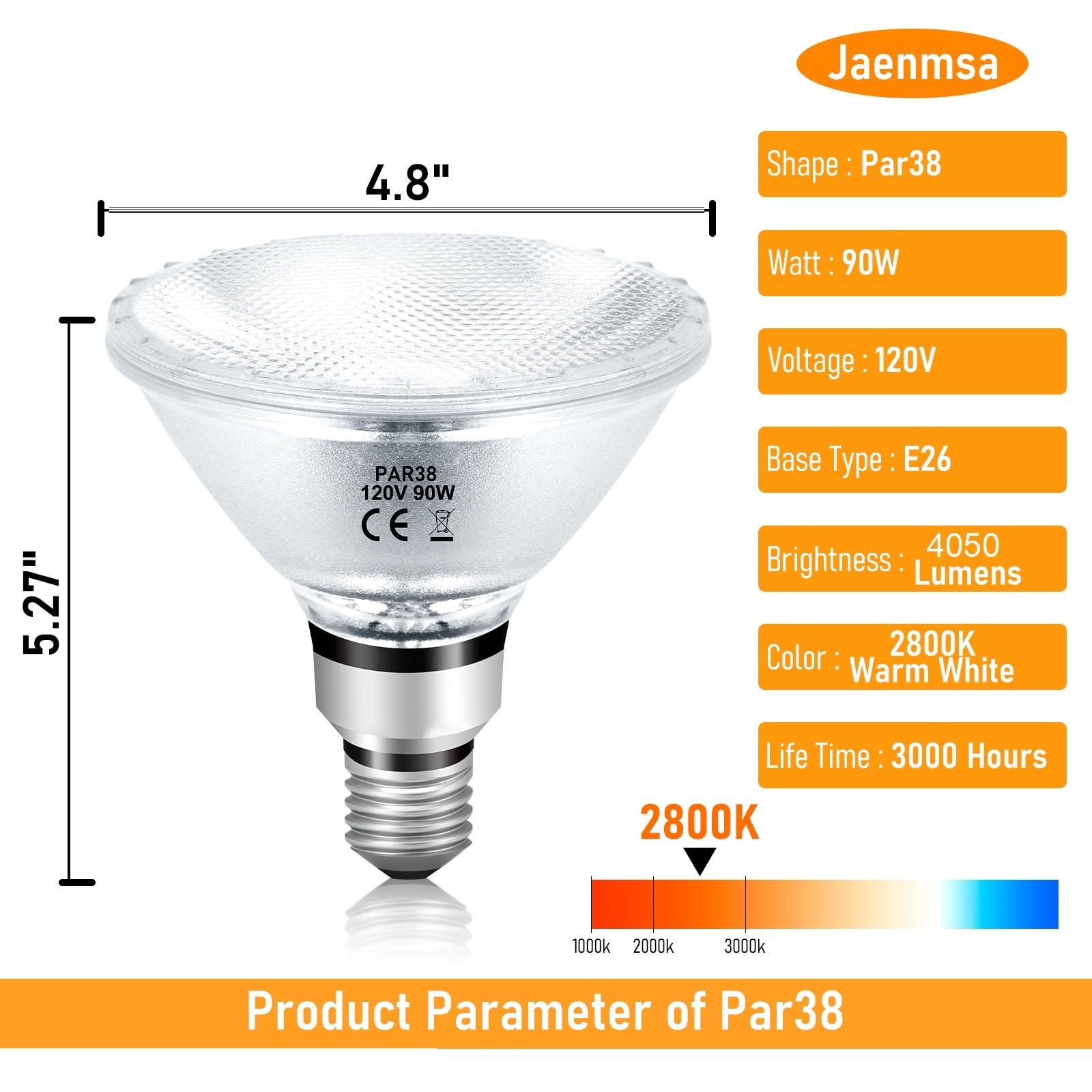 Jaenmsa Par38 Halogen Flood Light Bulbs 90W 120V, 2Pcs Par38 Halogen Light Bulbs With E26 Base, 2800K Warm White, 4050 Lumens Fo