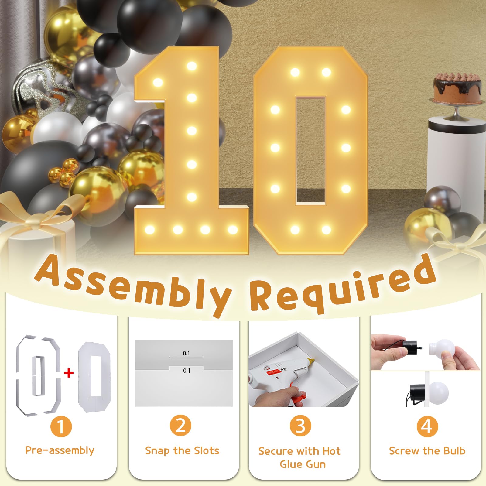 imprsv 4FT Light Up Numbers - Foam Board 10th Birthday Decor for Girls & Boys, Anniversary Party Decorations