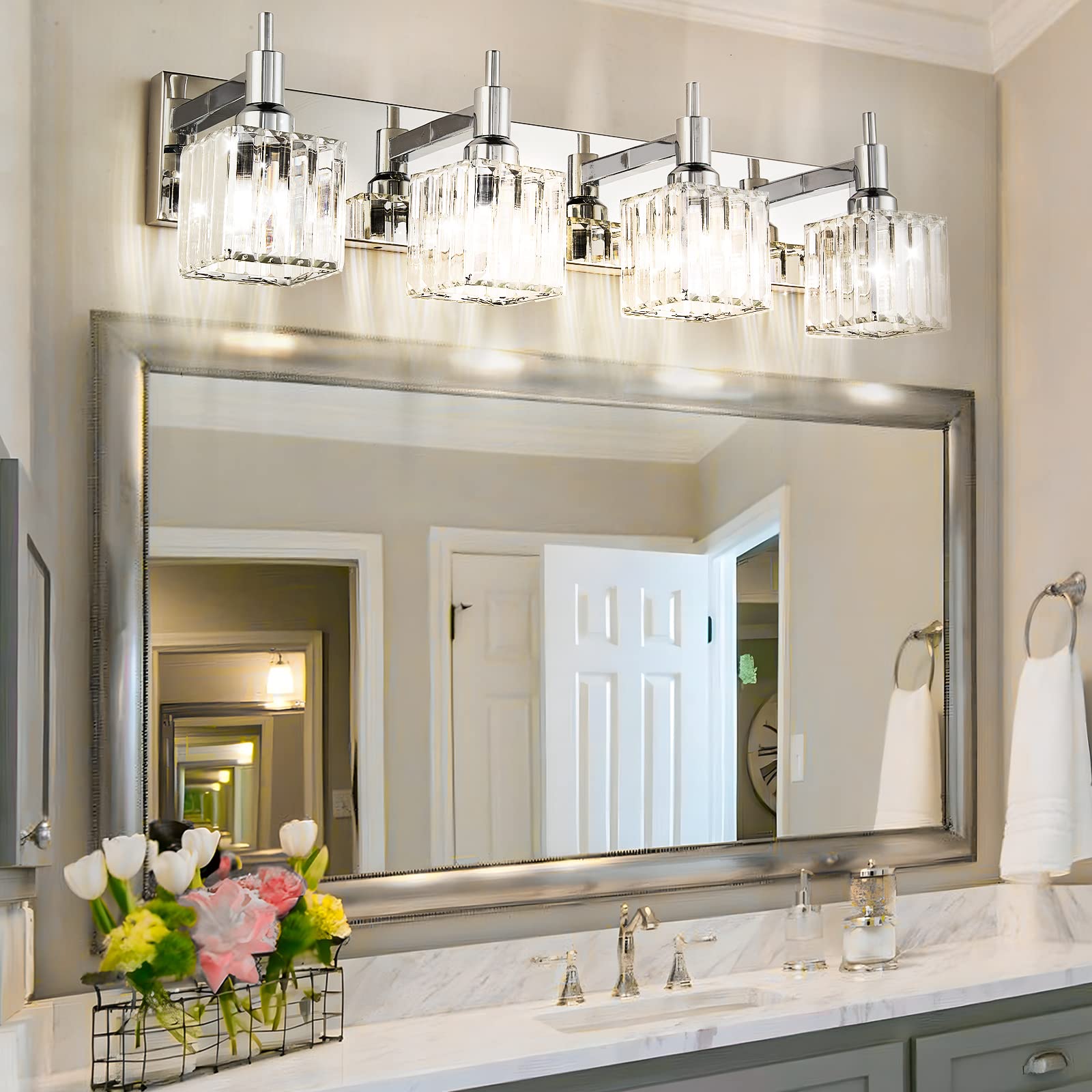 HUOKU Modern Crystal Bathroom Vanity Light 4-Light Wall Sconce, Chrome-Square Shade, Metal and Crystal Construction